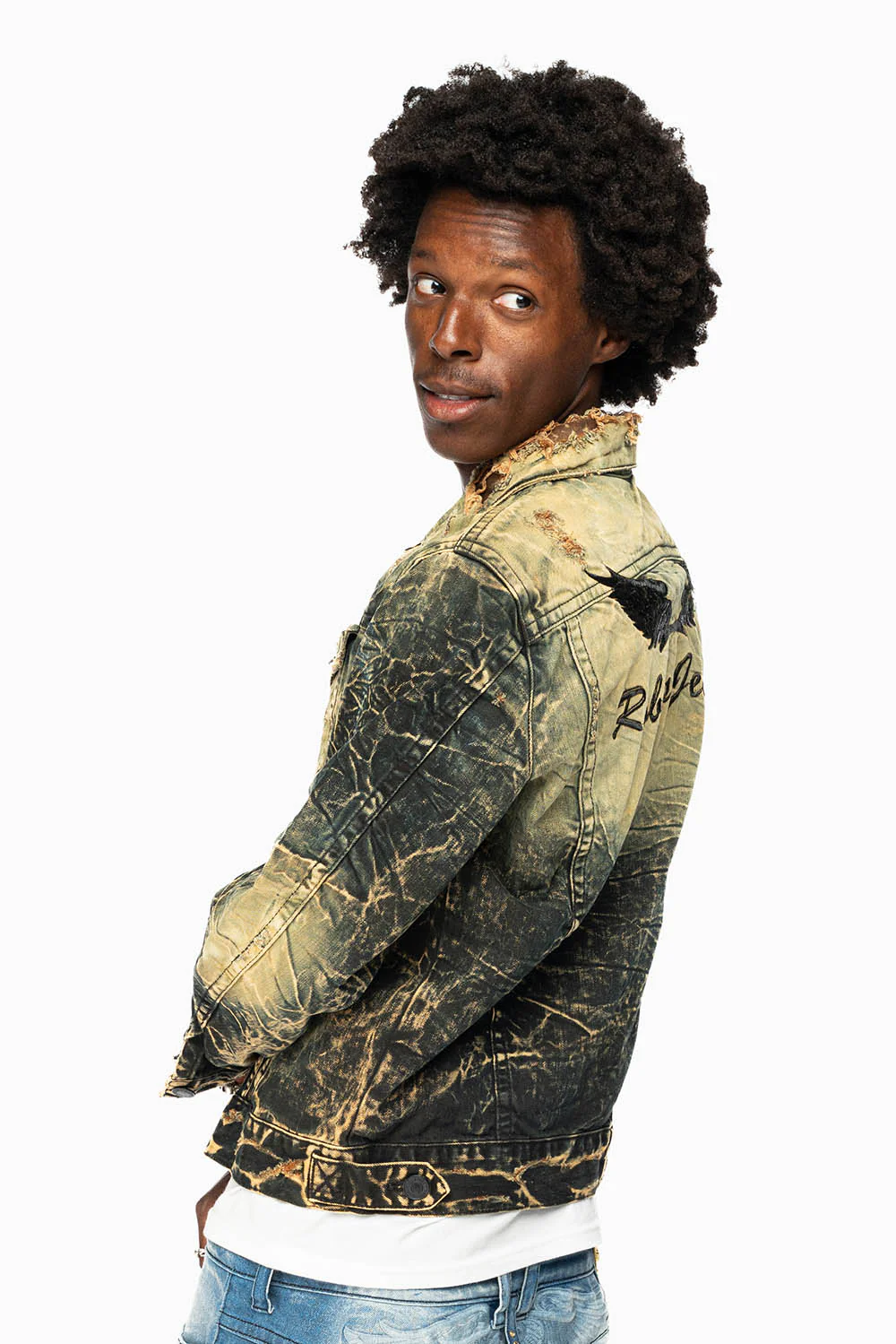 MENS DENIM JACKET IN LIGHT YELLOW 4D DARK PERU WASH WITH BLACK WINGS - Image 4