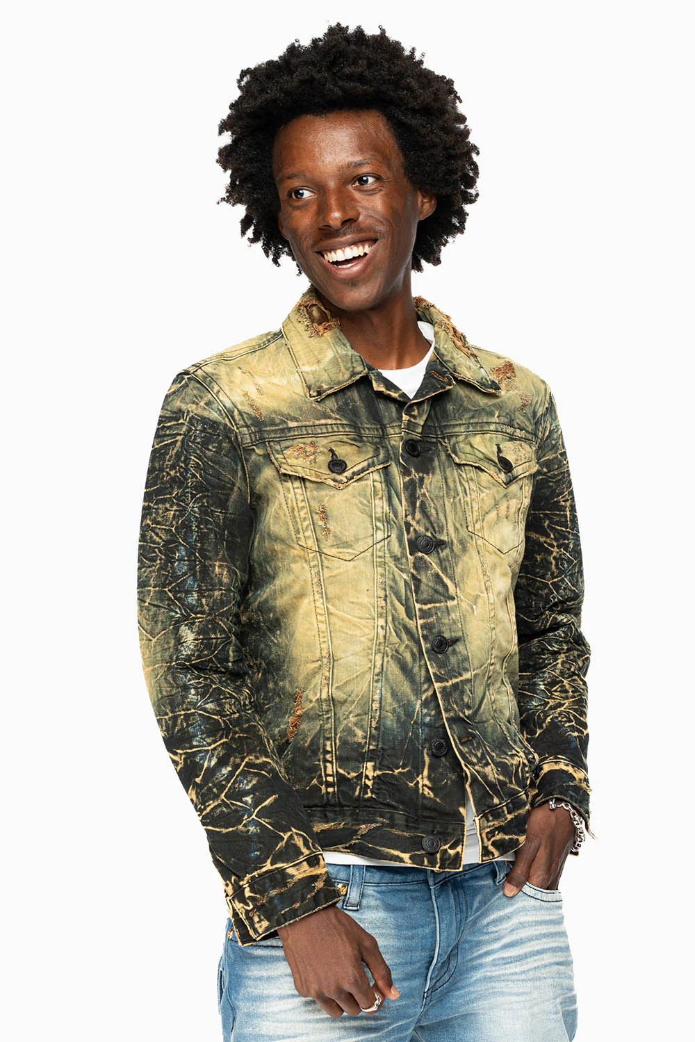 MENS DENIM JACKET IN LIGHT YELLOW 4D DARK PERU WASH WITH BLACK WINGS - Image 5