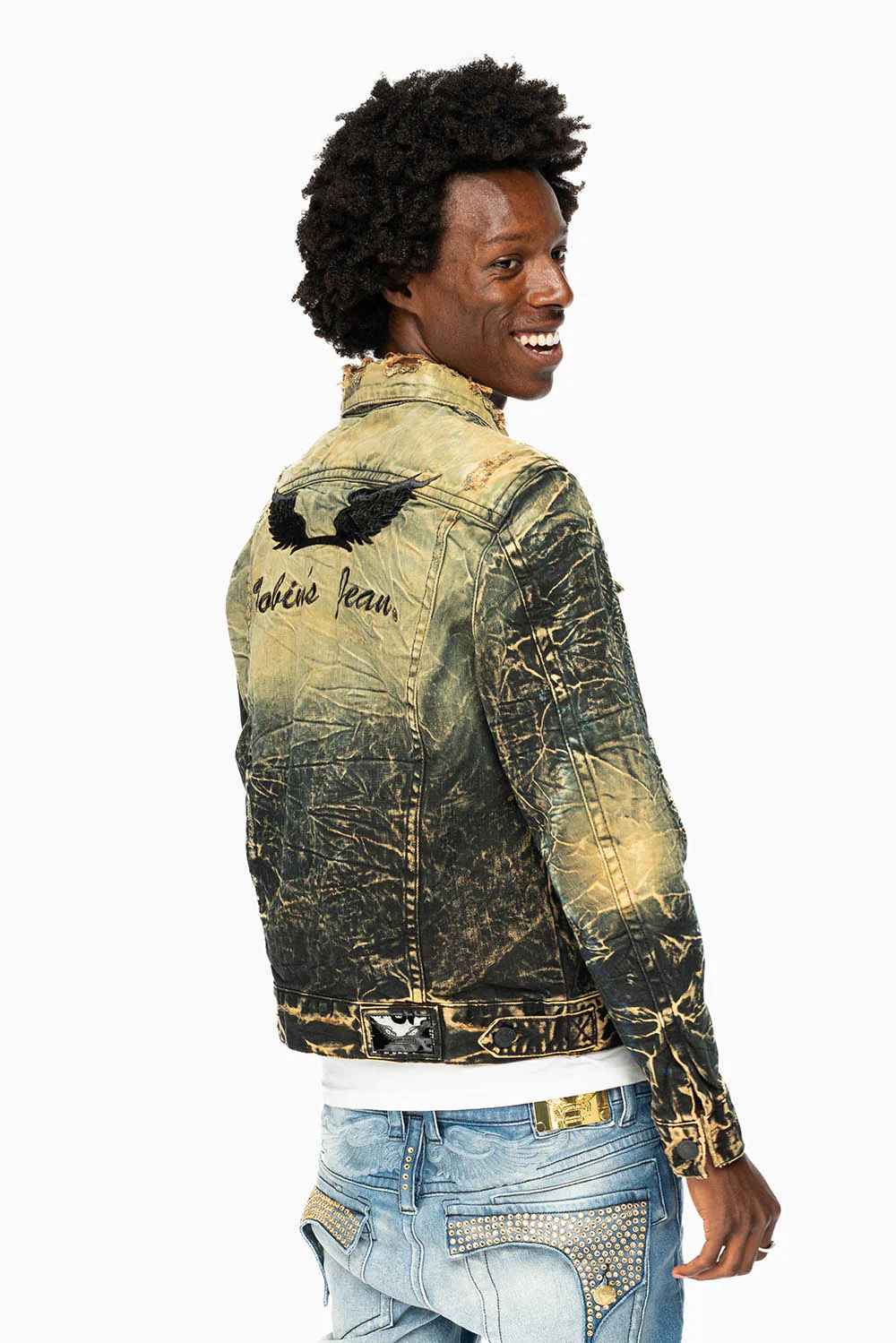 MENS DENIM JACKET IN LIGHT YELLOW 4D DARK PERU WASH WITH BLACK WINGS - Image 6