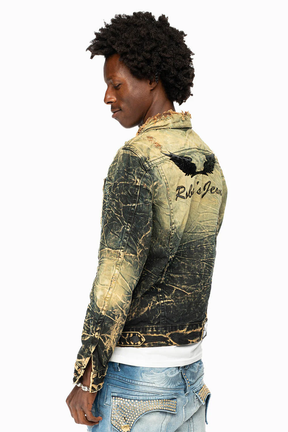 MENS DENIM JACKET IN LIGHT YELLOW 4D DARK PERU WASH WITH BLACK WINGS - Image 7