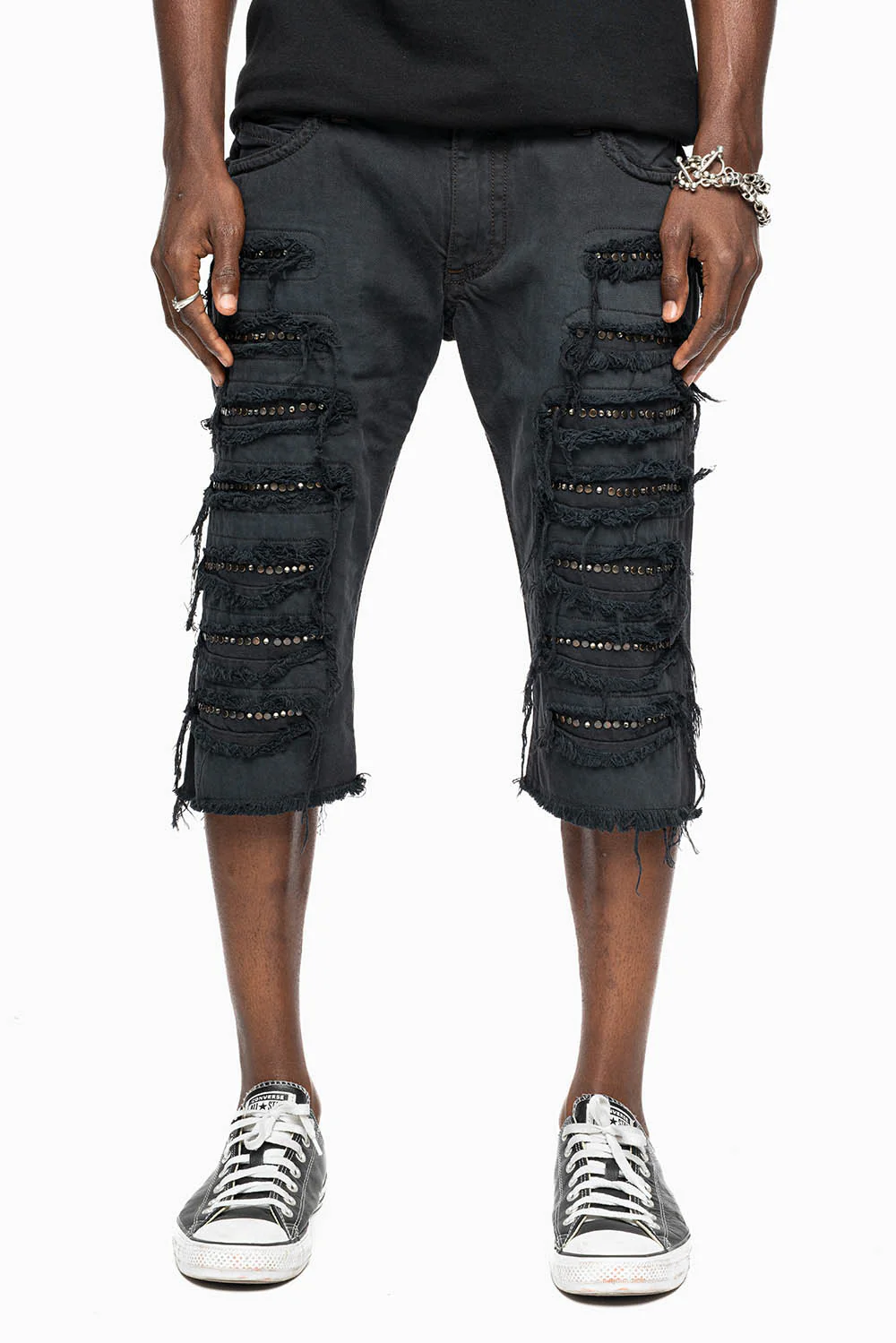 MENS DESTROYED SHORTS WITH KILLER FLAP POCKET IN BLACK EMBELLISHED WITH CRYSTALS AND STUDS