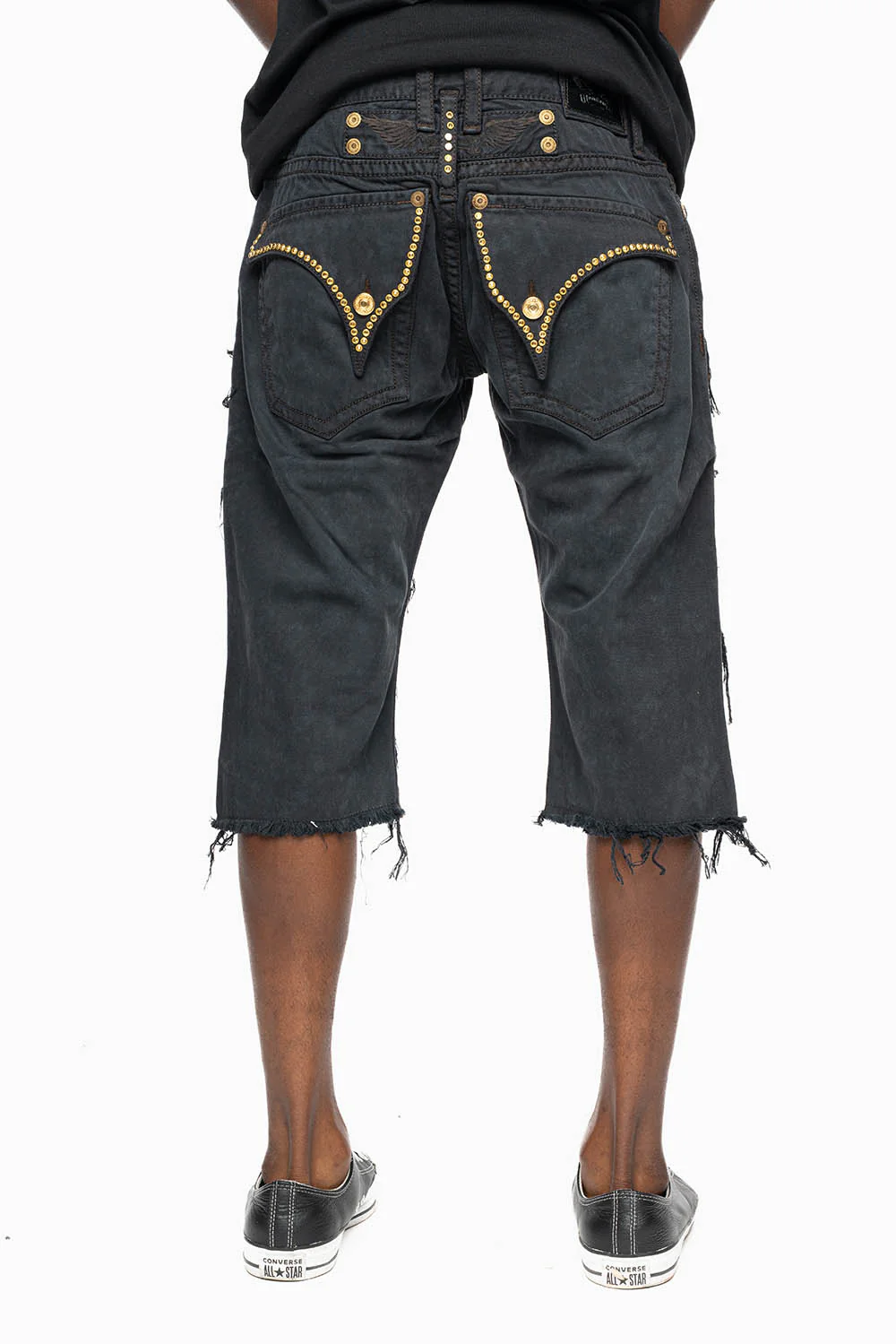 MENS DESTROYED SHORTS WITH KILLER FLAP POCKET IN BLACK EMBELLISHED WITH GOLD CRYSTALS AND GUNMETAL STUDS - Image 2