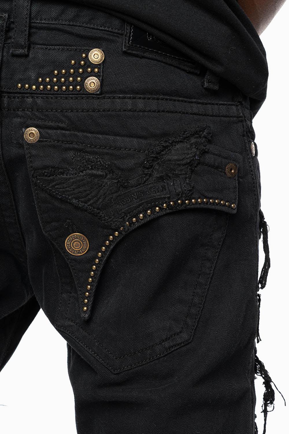 MENS DESTROYED SHORTS WITH KILLER FLAP POCKET IN BLACK WITH BRASS STUDS AND CRYSTALS - Image 5