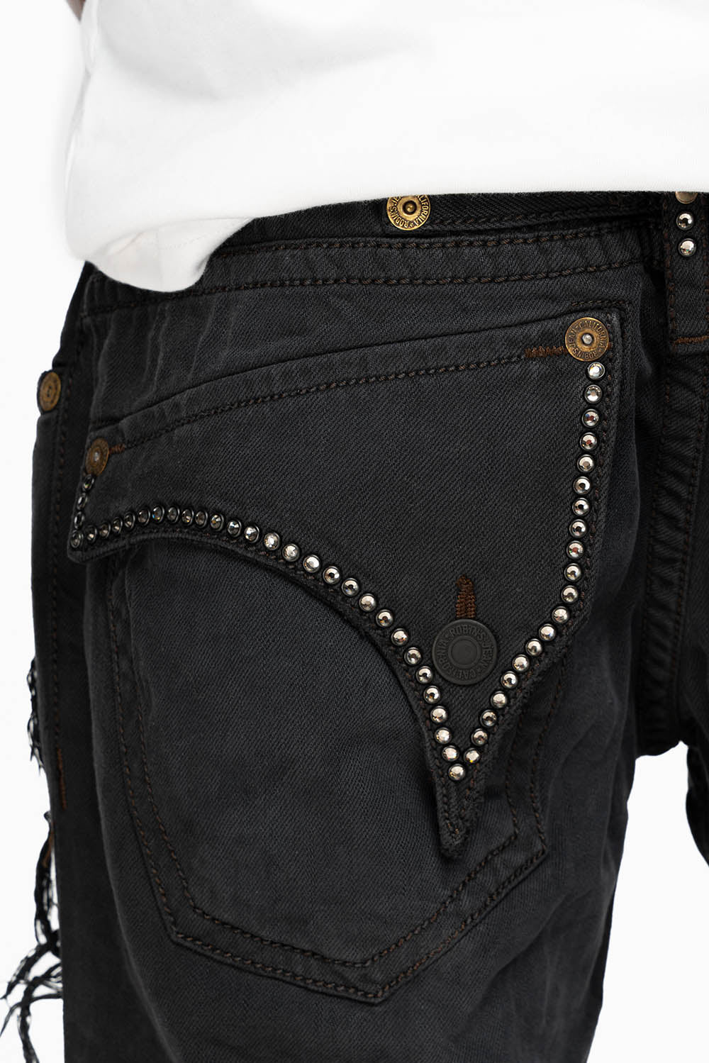 MENS DESTROYED SHORTS WITH KILLER FLAP POCKET IN BLACK WITH STUDS AND CRYSTALS - Image 3