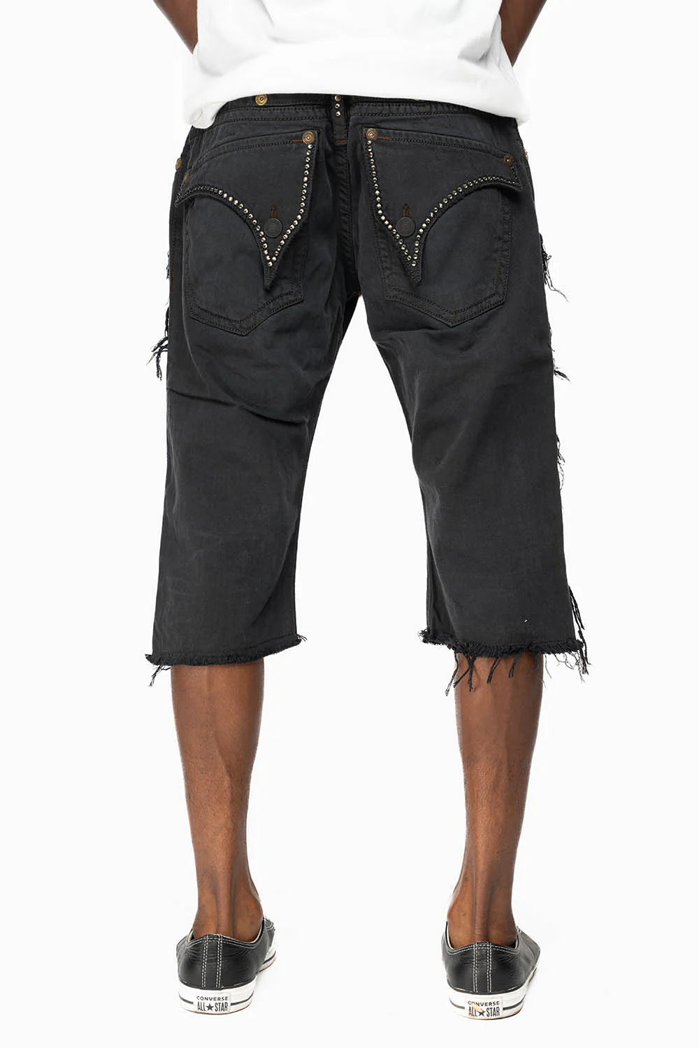 MENS DESTROYED SHORTS WITH KILLER FLAP POCKET IN BLACK WITH STUDS AND CRYSTALS - Image 4