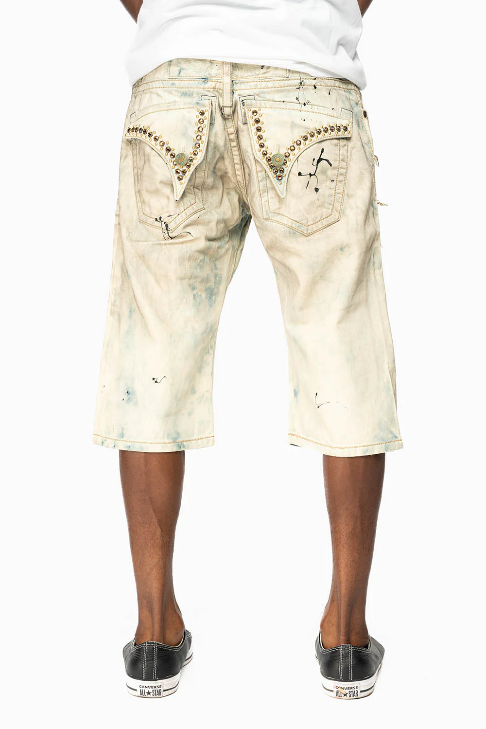 MENS DESTROYED SHORTS WITH KILLER FLAP POCKET IN FROZEN WASH WITH STUDS AND CRYSTALS - Image 3