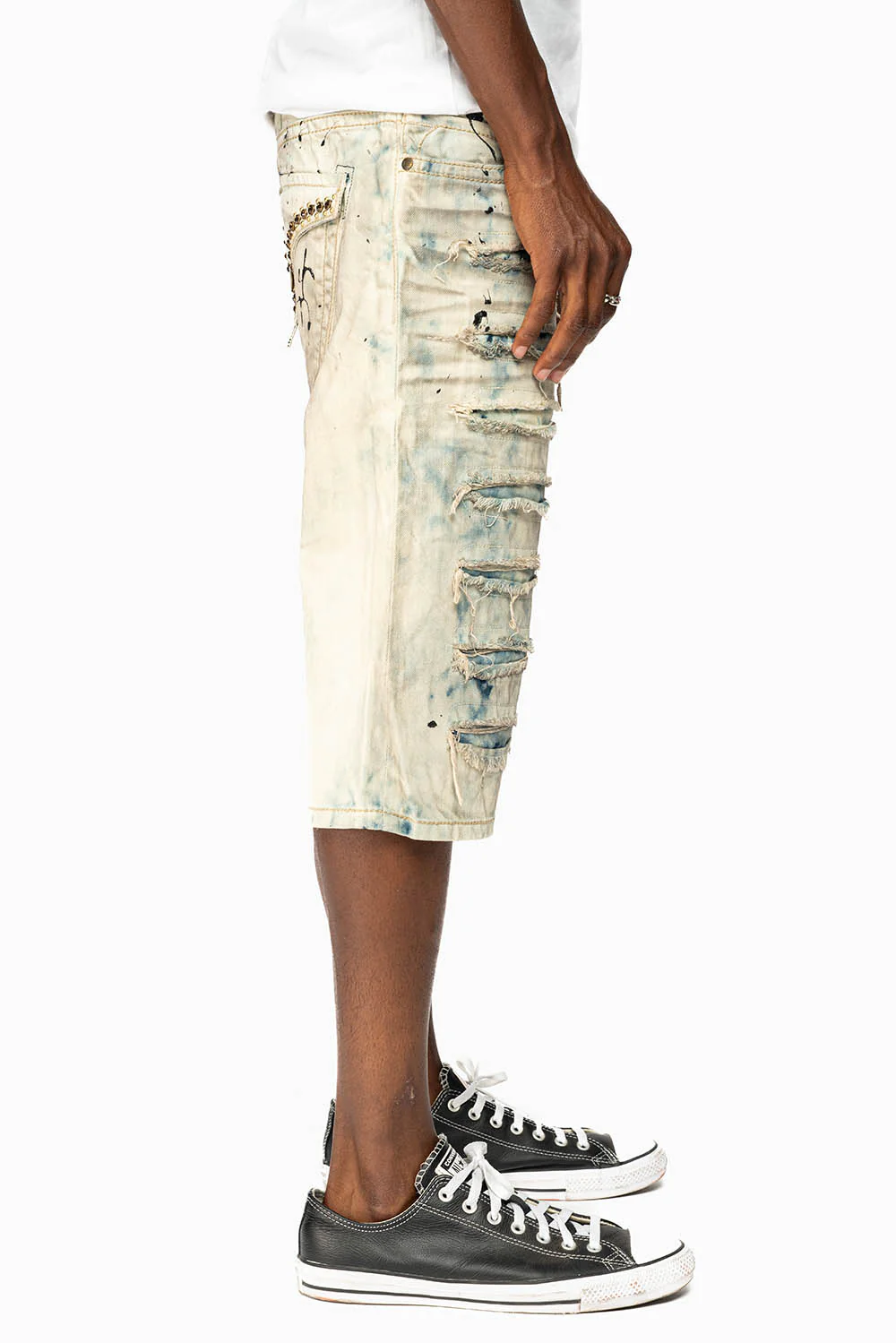 MENS DESTROYED SHORTS WITH KILLER FLAP POCKET IN FROZEN WASH WITH STUDS AND CRYSTALS - Image 4
