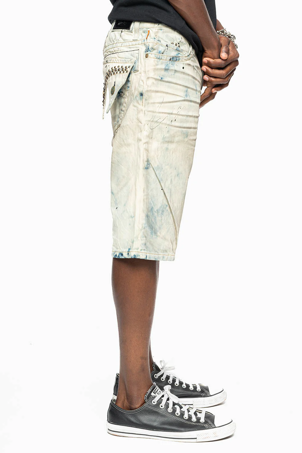 MENS DOUBLE FLAP DESTROYED SHORTS IN FROZEN WASH WITH CRYSTALS - Image 6