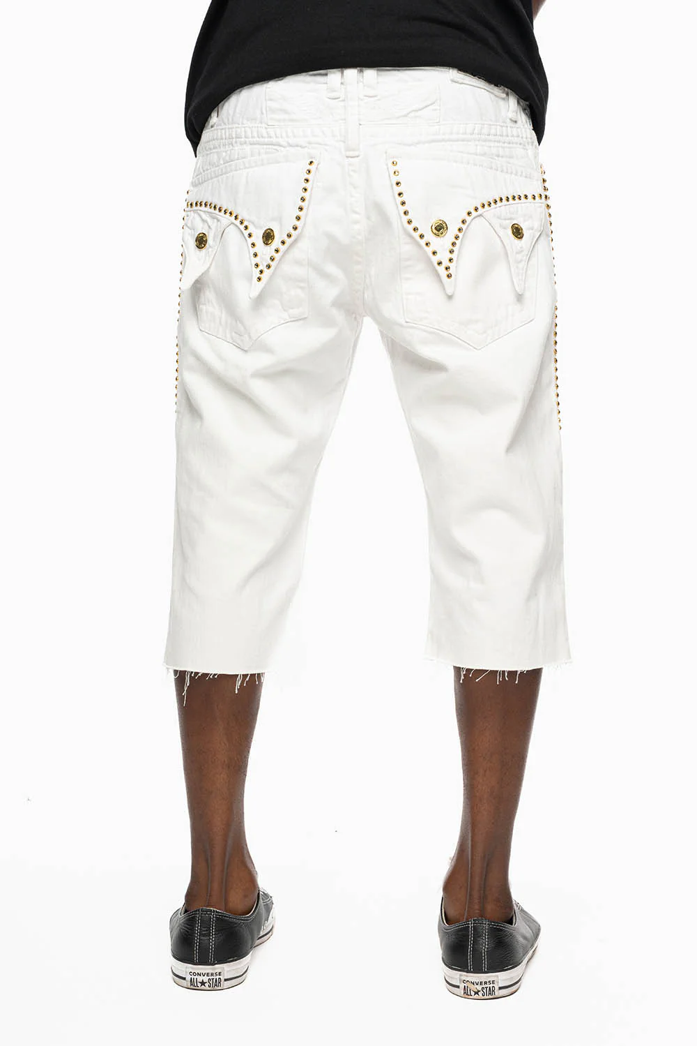 MENS DOUBLE FLAP DESTROYED SHORTS IN WHITE WASH WITH BLK DIAMOND CRYSTALS - Image 2