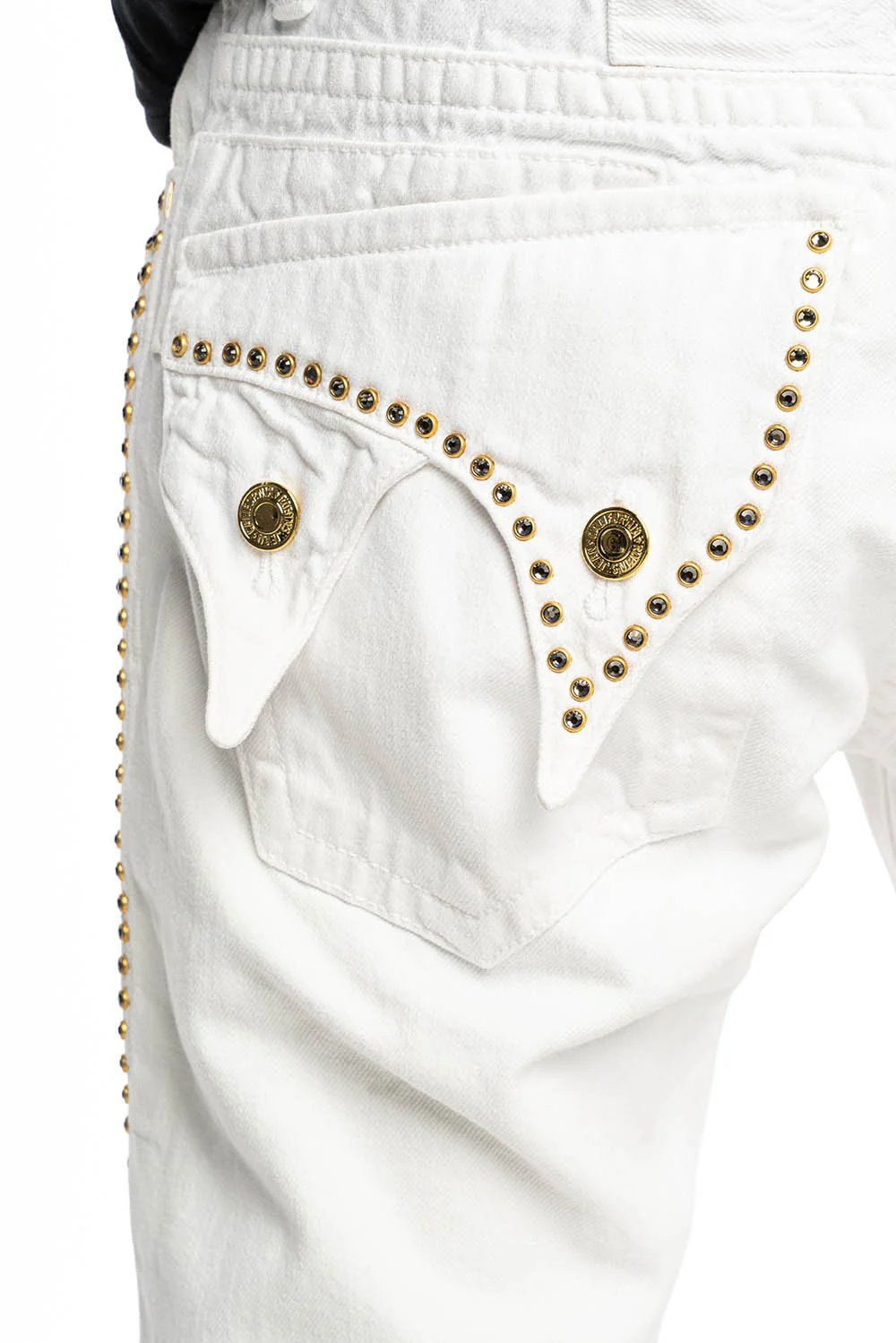 MENS DOUBLE FLAP DESTROYED SHORTS IN WHITE WASH WITH BLK DIAMOND CRYSTALS - Image 5