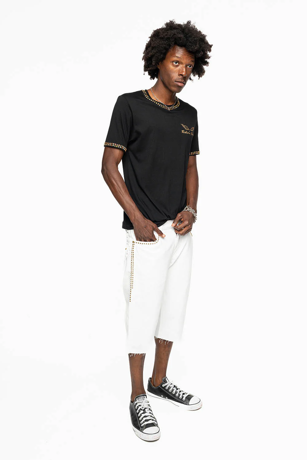 MENS DOUBLE FLAP DESTROYED SHORTS IN WHITE WASH WITH BLK DIAMOND CRYSTALS - Image 8