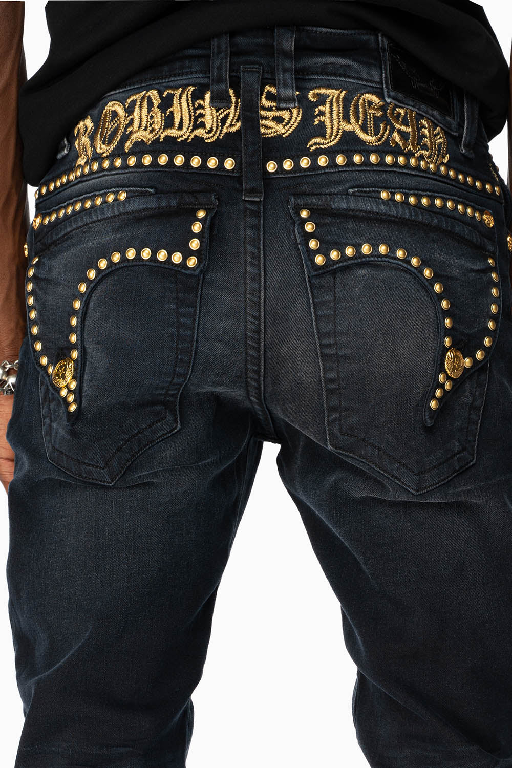 MENS F-UP BLACK SLIM FIT KILLER FLAP JEANS WITH O.E. SCRIPT EMBELLISHED WITH GOLD NAILHEADS - Image 3
