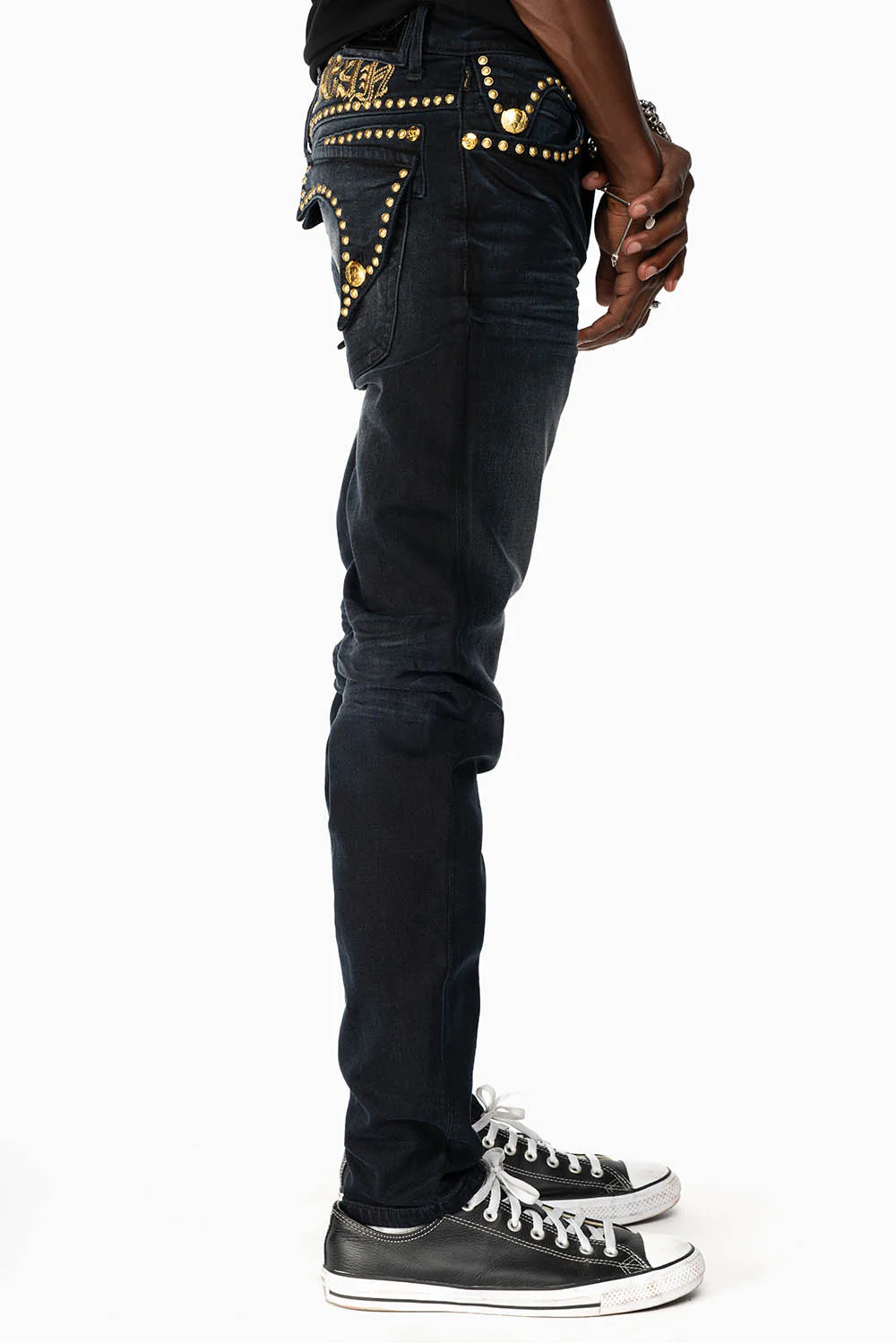 MENS F-UP BLACK SLIM FIT KILLER FLAP JEANS WITH O.E. SCRIPT EMBELLISHED WITH GOLD NAILHEADS - Image 4