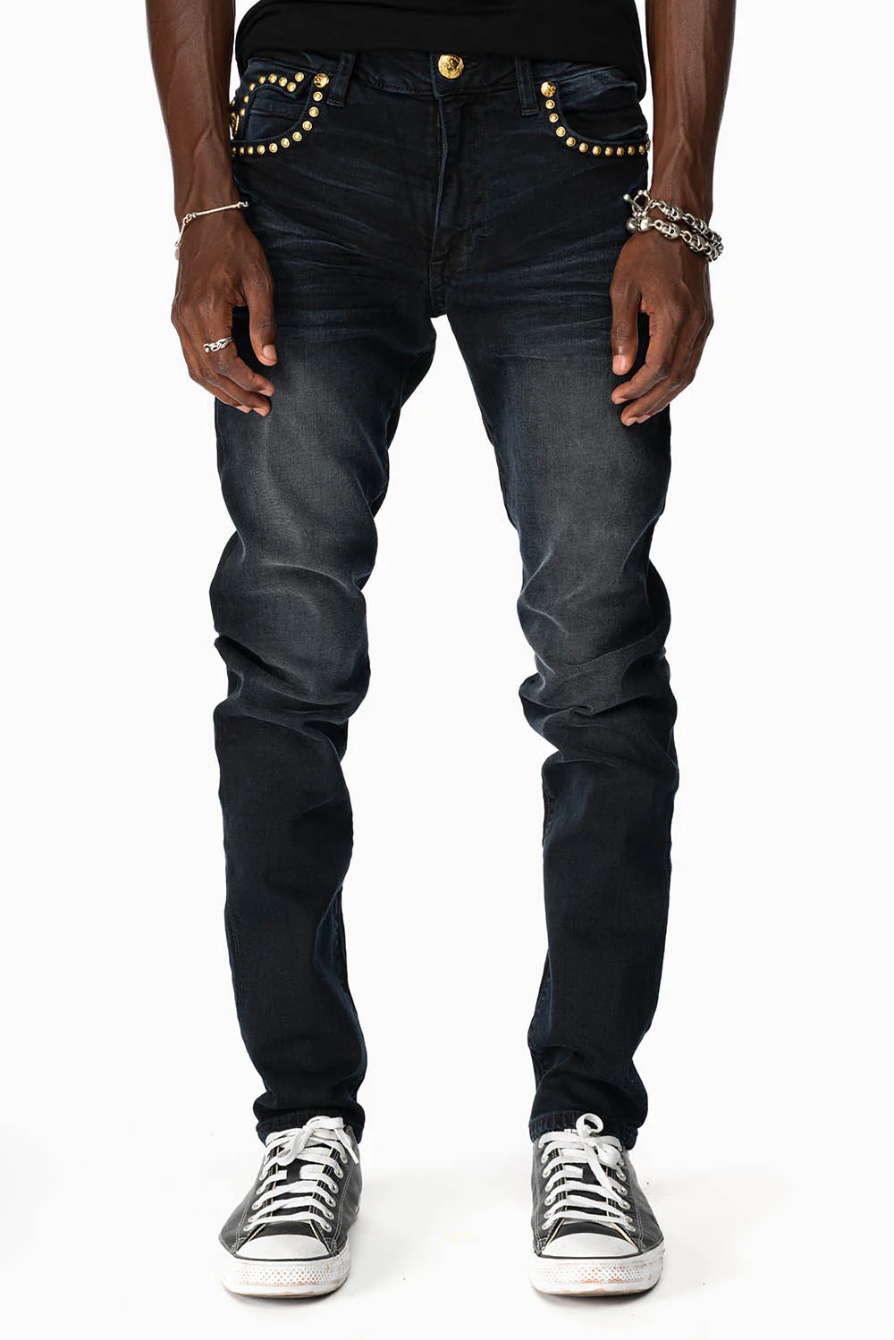 MENS F-UP BLACK SLIM FIT KILLER FLAP JEANS WITH O.E. SCRIPT EMBELLISHED WITH GOLD NAILHEADS - Image 5
