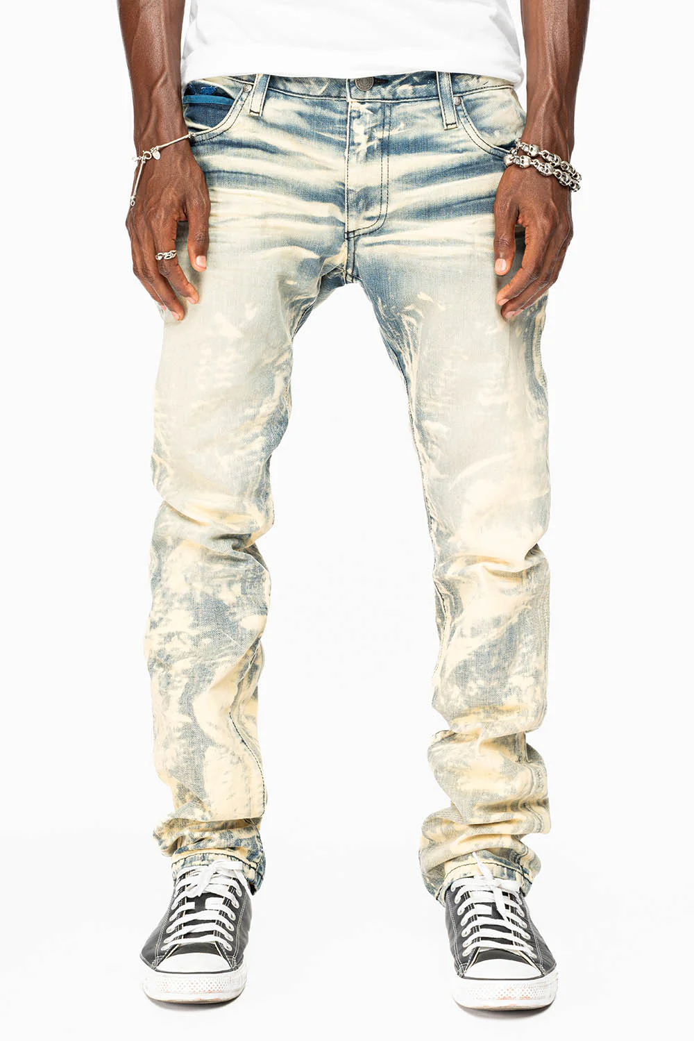 MENS FLAP POCKET SLIM JEANS IN NEW JAPAN LIGHT WASH WITH CRYSTALS - Image 3