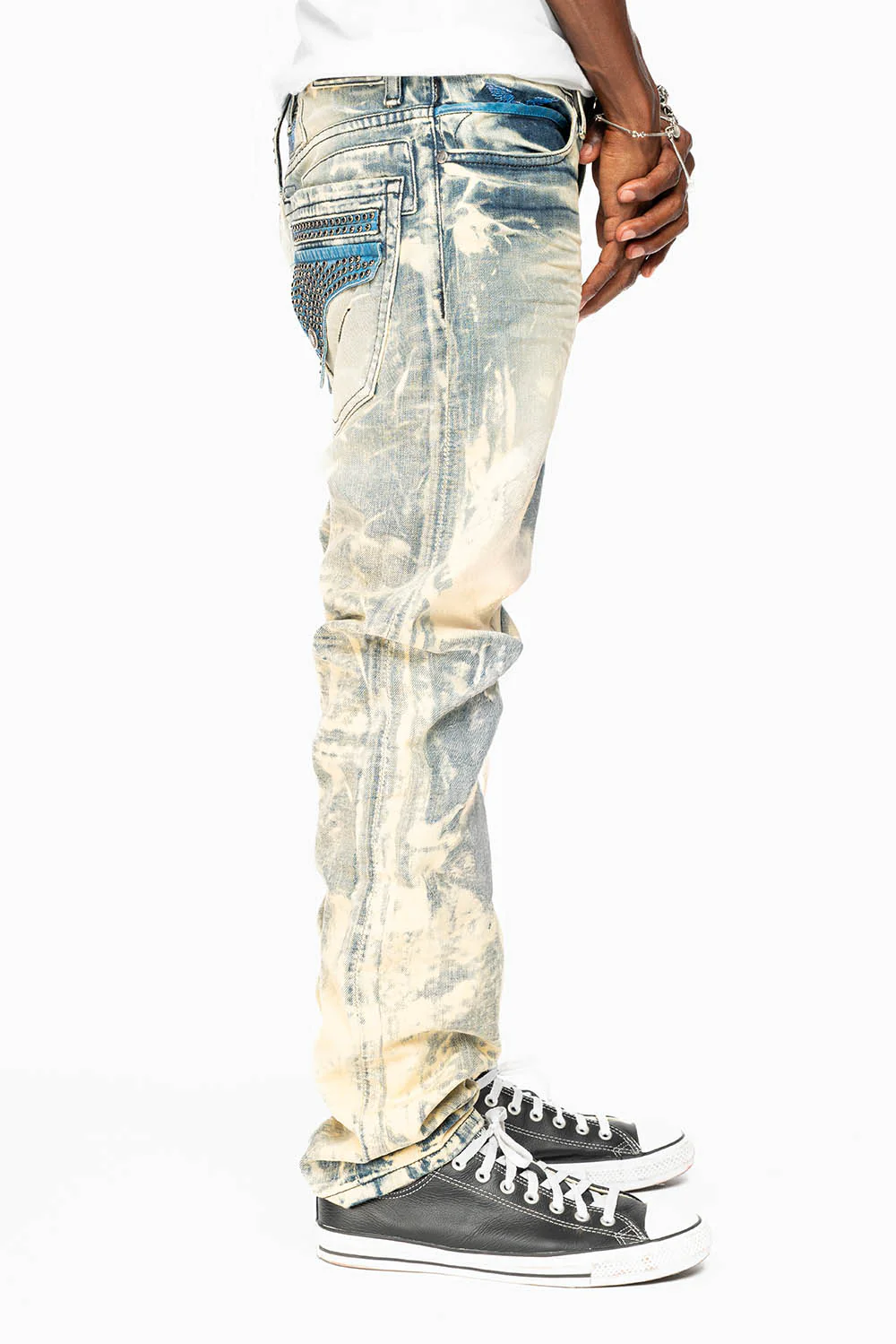 MENS FLAP POCKET SLIM JEANS IN NEW JAPAN LIGHT WASH WITH CRYSTALS - Image 4