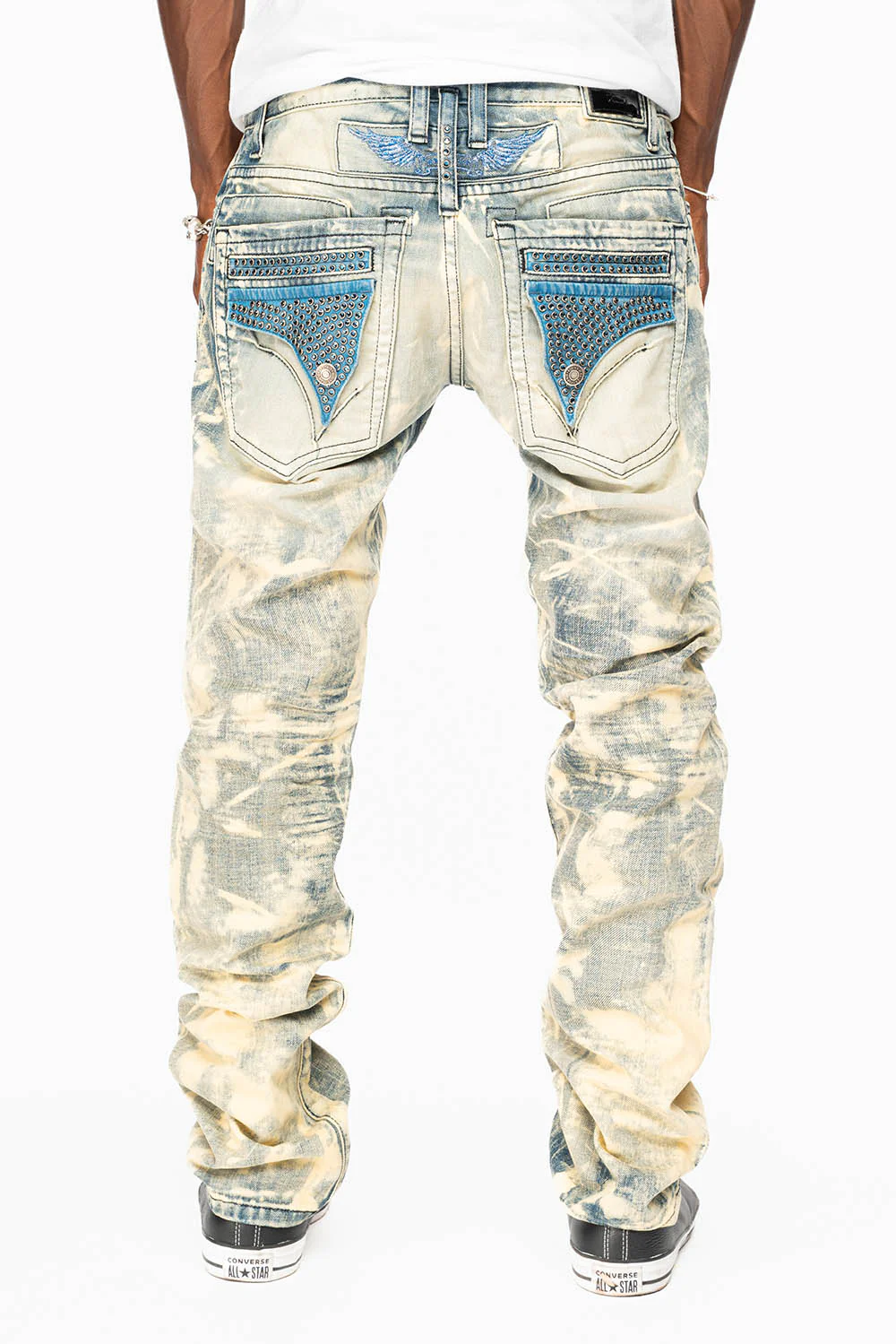 MENS FLAP POCKET SLIM JEANS IN NEW JAPAN LIGHT WASH WITH CRYSTALS - Image 5