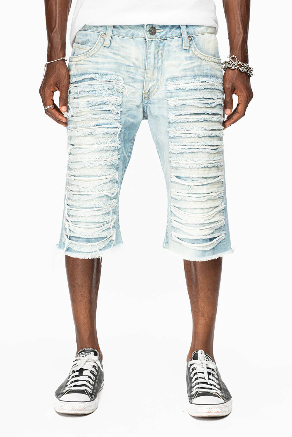 MENS DESTROYED SHORTS WITH FLAP POCKET IN 5D LIGHT WASH WITH CRYSTALS - Image 4