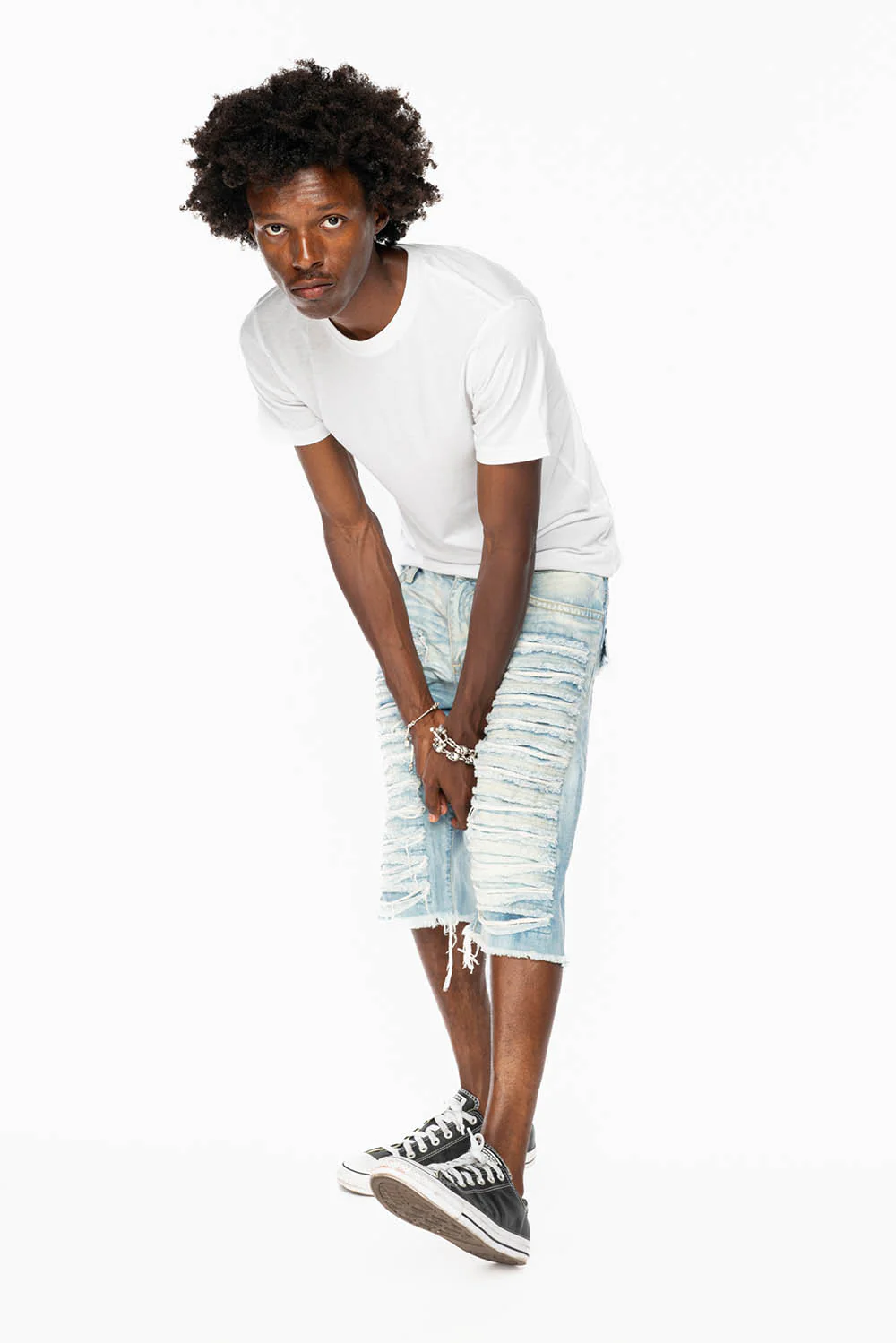 MENS DESTROYED SHORTS WITH FLAP POCKET IN 5D LIGHT WASH WITH CRYSTALS - Image 6