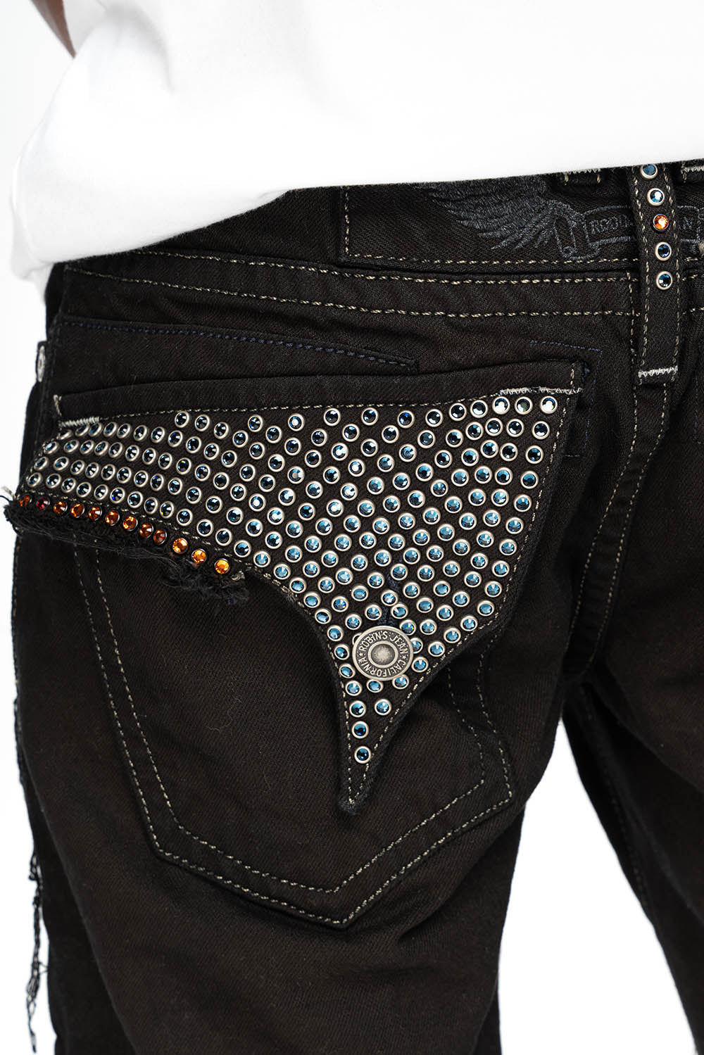 MENS DESTROYED SHORTS WITH FLAP POCKET IN PURE BLACK WASH WITH  CRYSTALS - Image 3