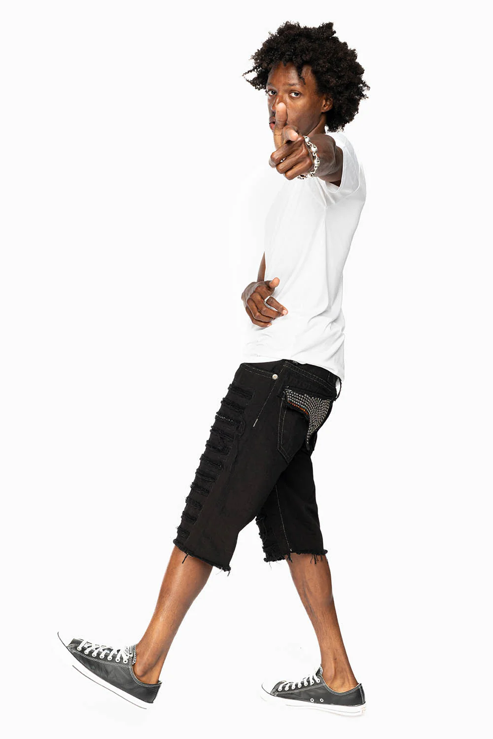 MENS DESTROYED SHORTS WITH FLAP POCKET IN PURE BLACK WASH WITH  CRYSTALS - Image 4