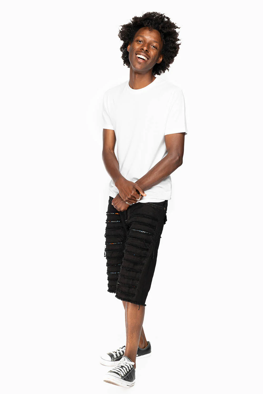 MENS DESTROYED SHORTS WITH FLAP POCKET IN PURE BLACK WASH WITH  CRYSTALS - Image 5