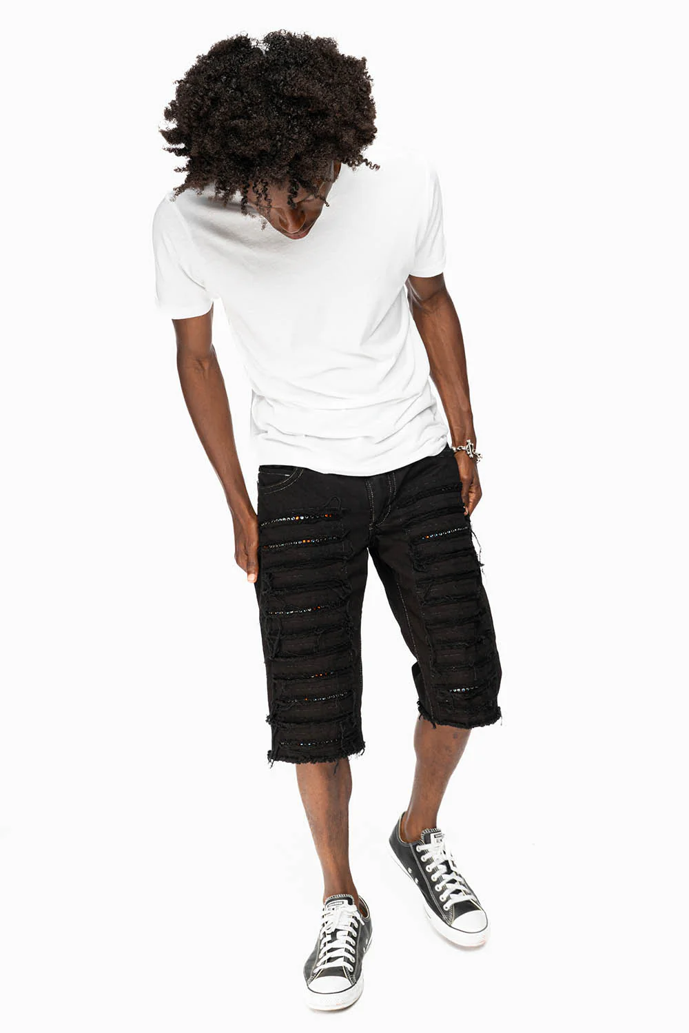 MENS DESTROYED SHORTS WITH FLAP POCKET IN PURE BLACK WASH WITH  CRYSTALS - Image 6