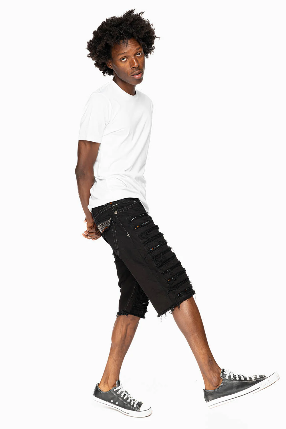 MENS DESTROYED SHORTS WITH FLAP POCKET IN PURE BLACK WASH WITH  CRYSTALS - Image 7