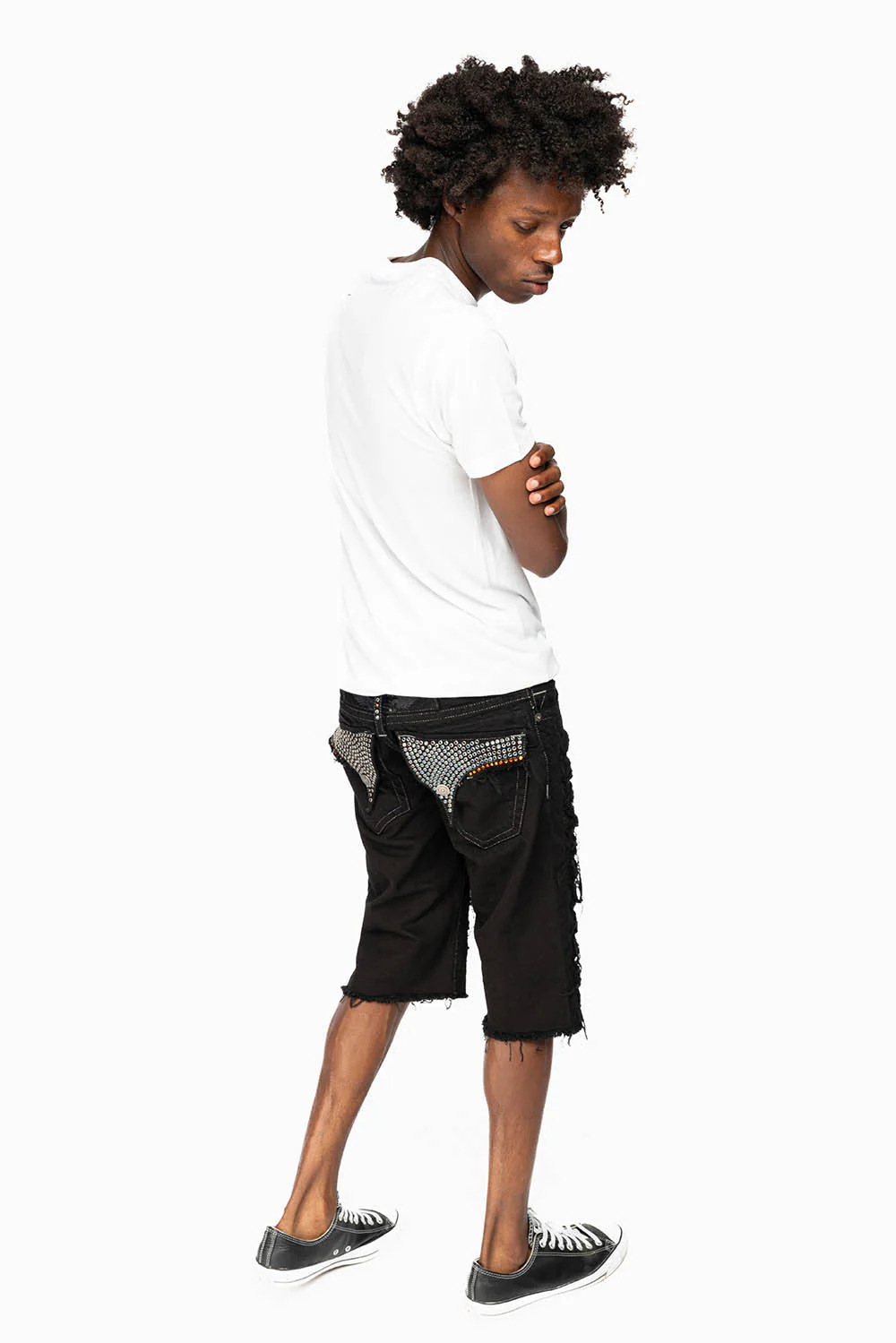 MENS DESTROYED SHORTS WITH FLAP POCKET IN PURE BLACK WASH WITH  CRYSTALS - Image 8