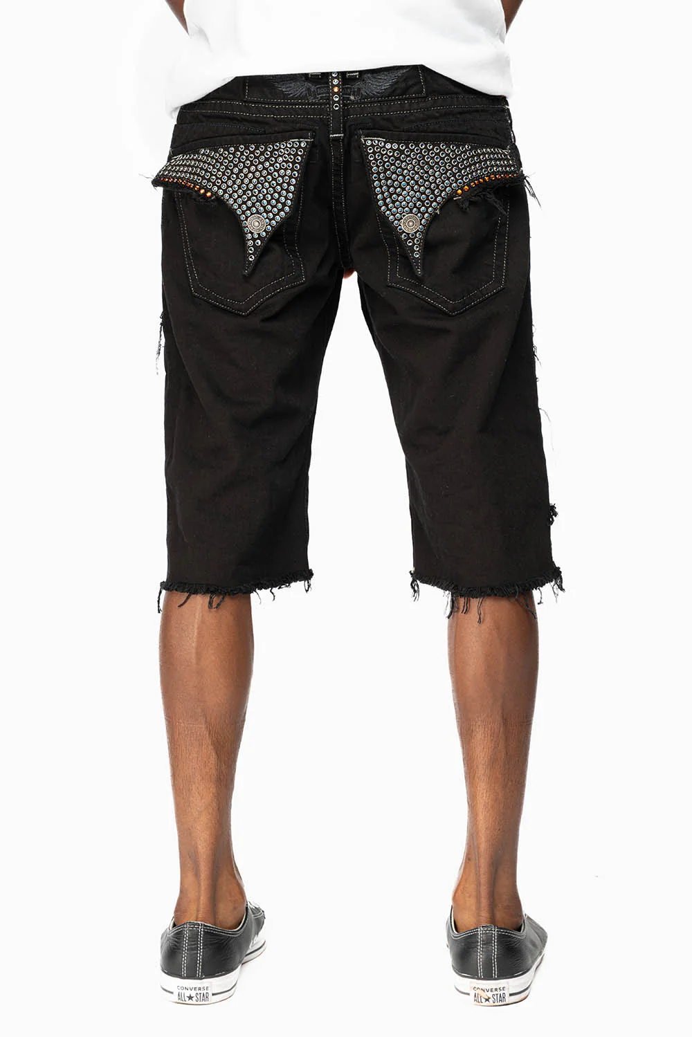 MENS DESTROYED SHORTS WITH FLAP POCKET IN PURE BLACK WASH WITH  CRYSTALS - Image 9