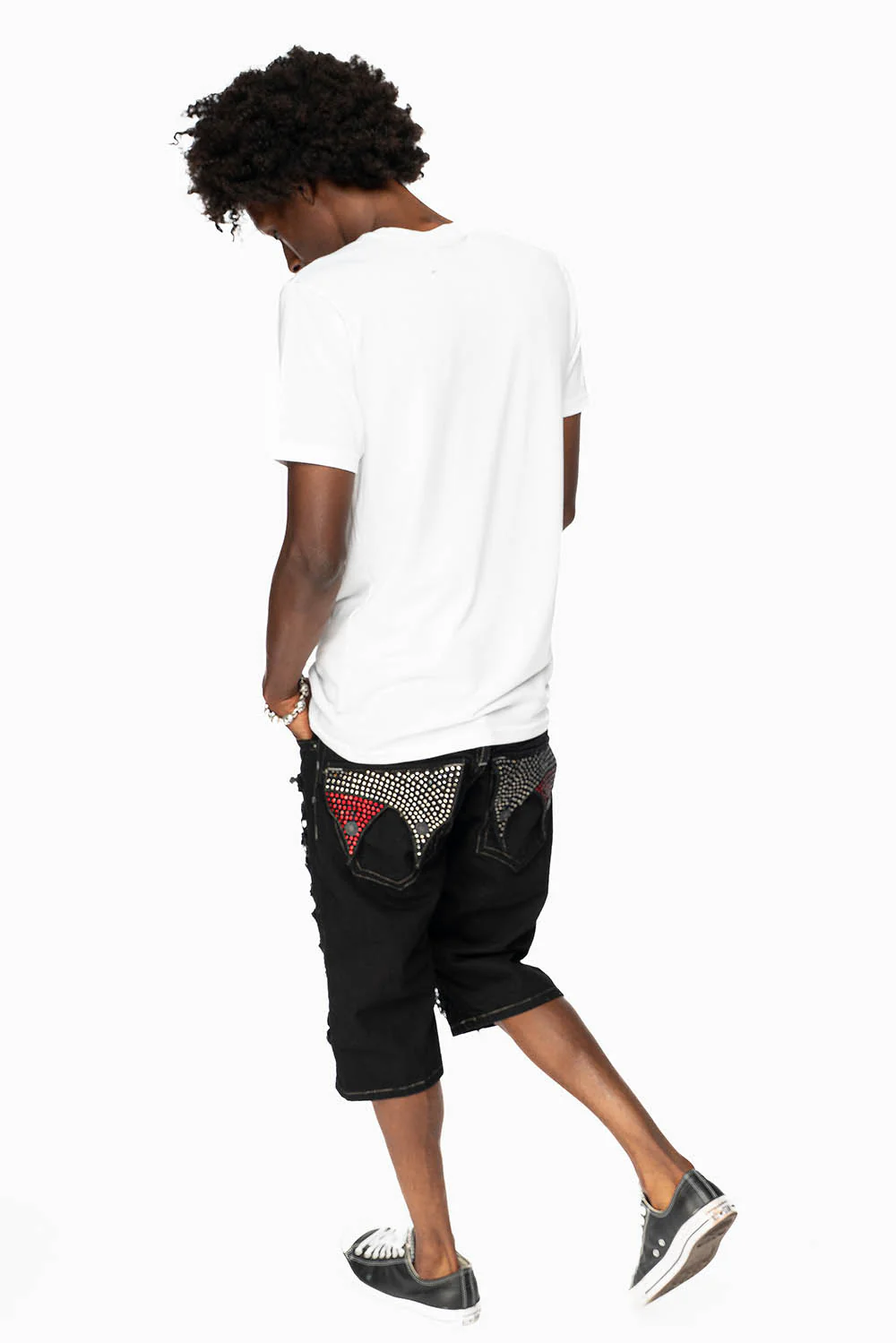 MENS DOUBLE FLAP DESTROYED SHORTS IN PURE BLACK WASH WITH CRYSTALS - Image 4