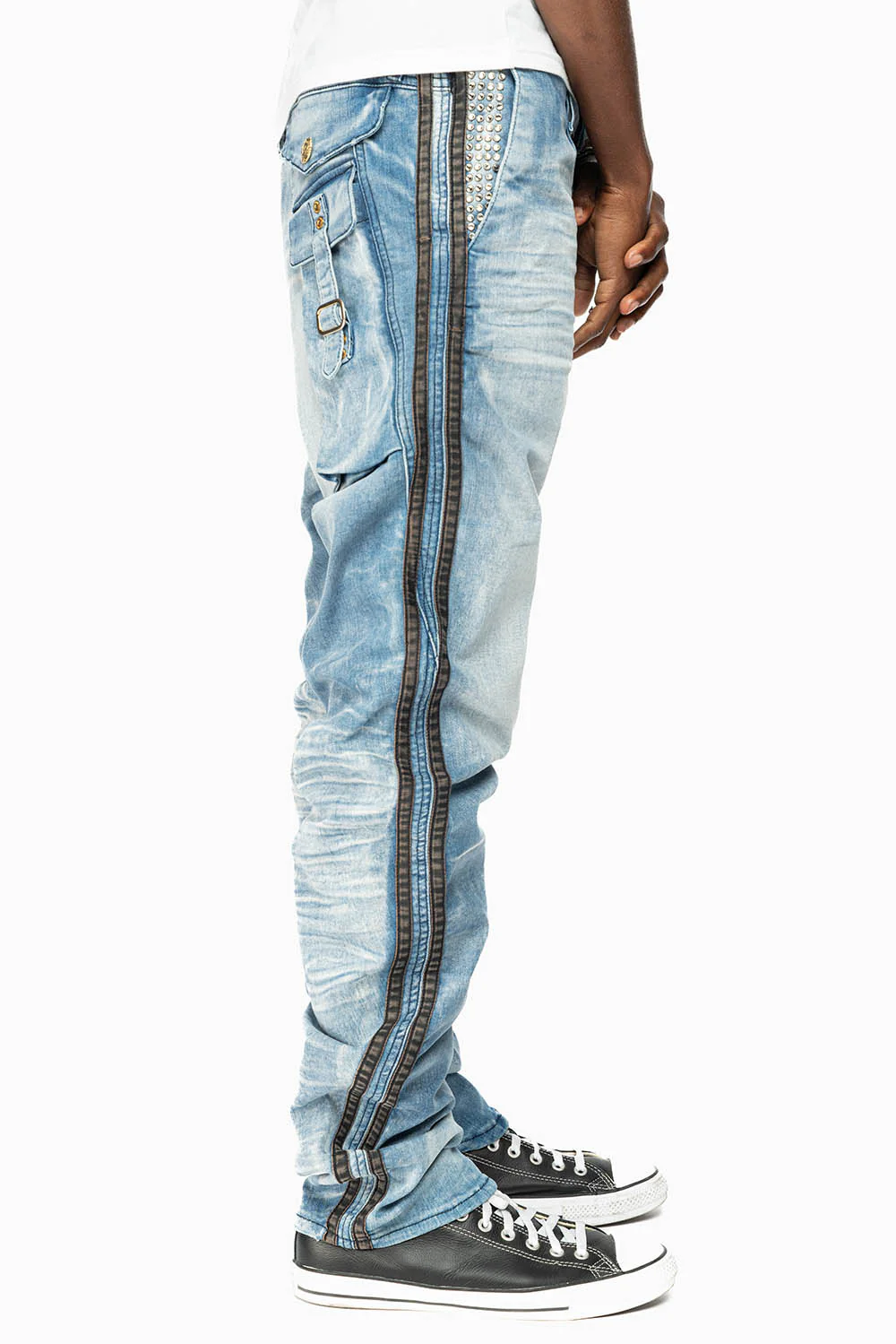 MENS WARRIOR MILITARY JEAN- PANTS IN BLUE OMAHA LIGHT WASH WITH CRYSTALS - Image 5
