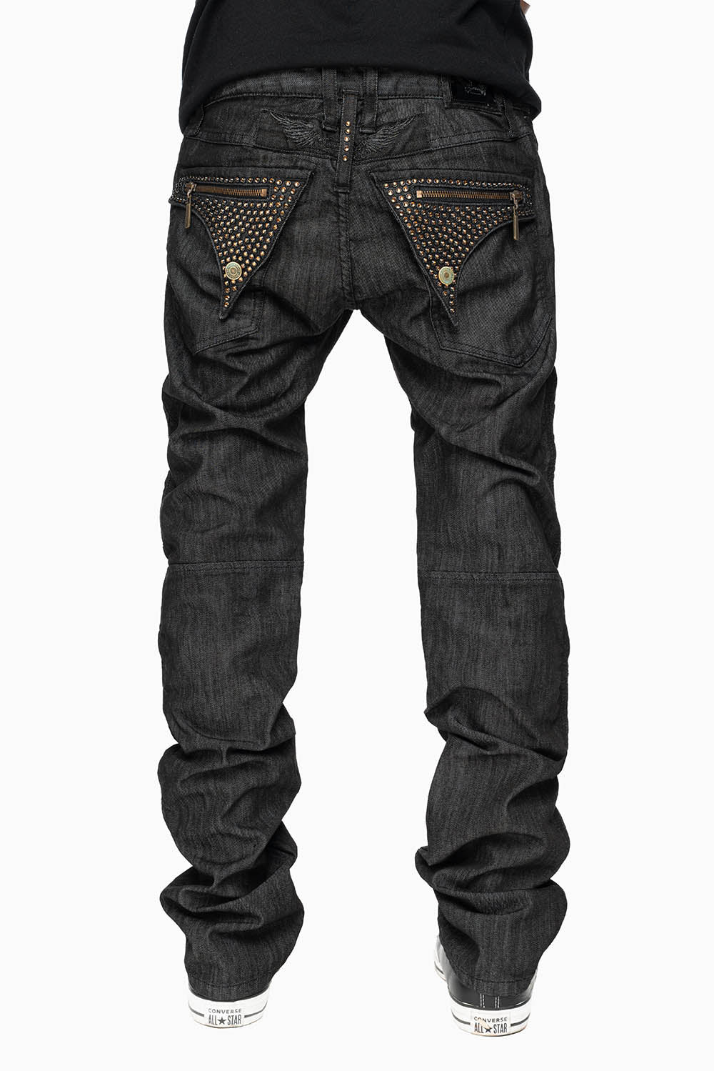 MENS LONG FLAP BIKER JEANS IN BLK DENIM WITH SMOKY TOPAZ CRYSTALS