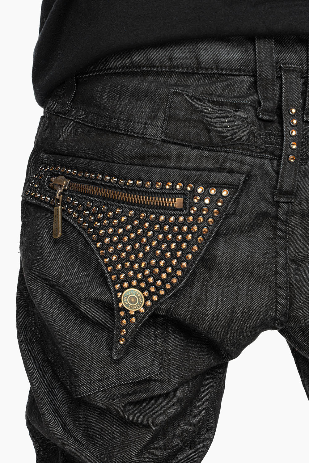 MENS LONG FLAP BIKER JEANS IN BLK DENIM WITH SMOKY TOPAZ CRYSTALS - Image 4