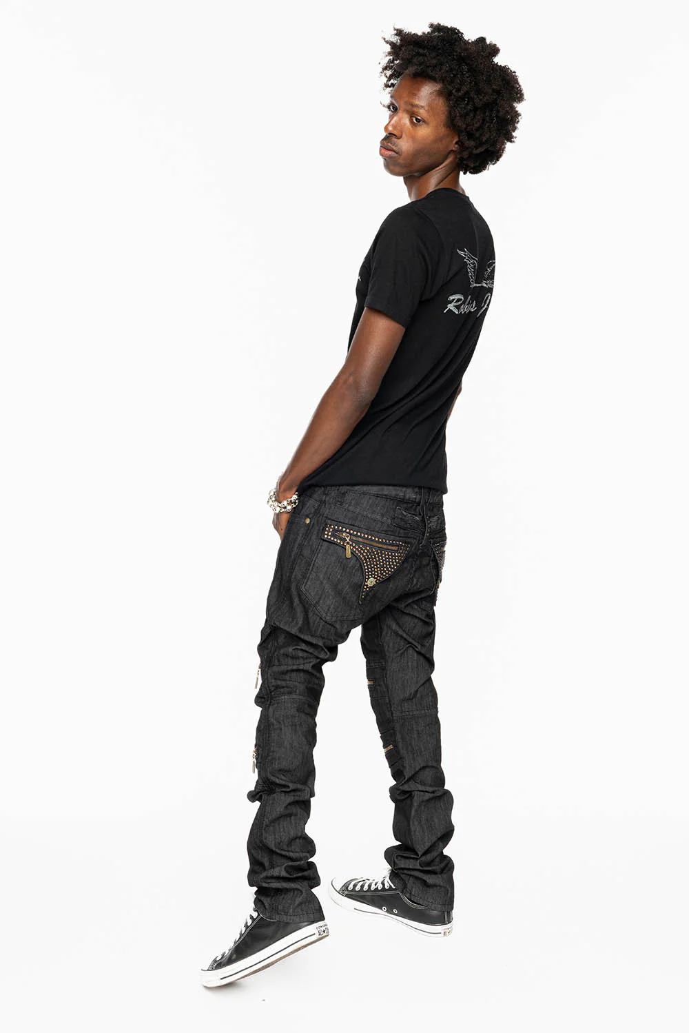 MENS LONG FLAP BIKER JEANS IN BLK DENIM WITH SMOKY TOPAZ CRYSTALS - Image 7