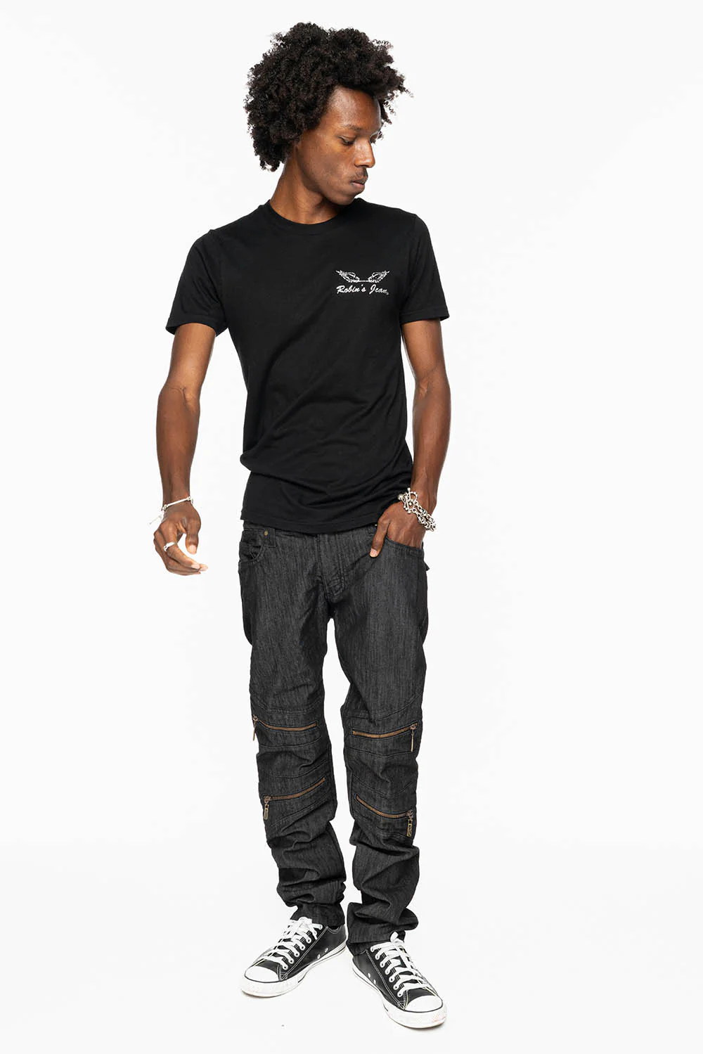 MENS LONG FLAP BIKER JEANS IN BLK DENIM WITH SMOKY TOPAZ CRYSTALS - Image 8