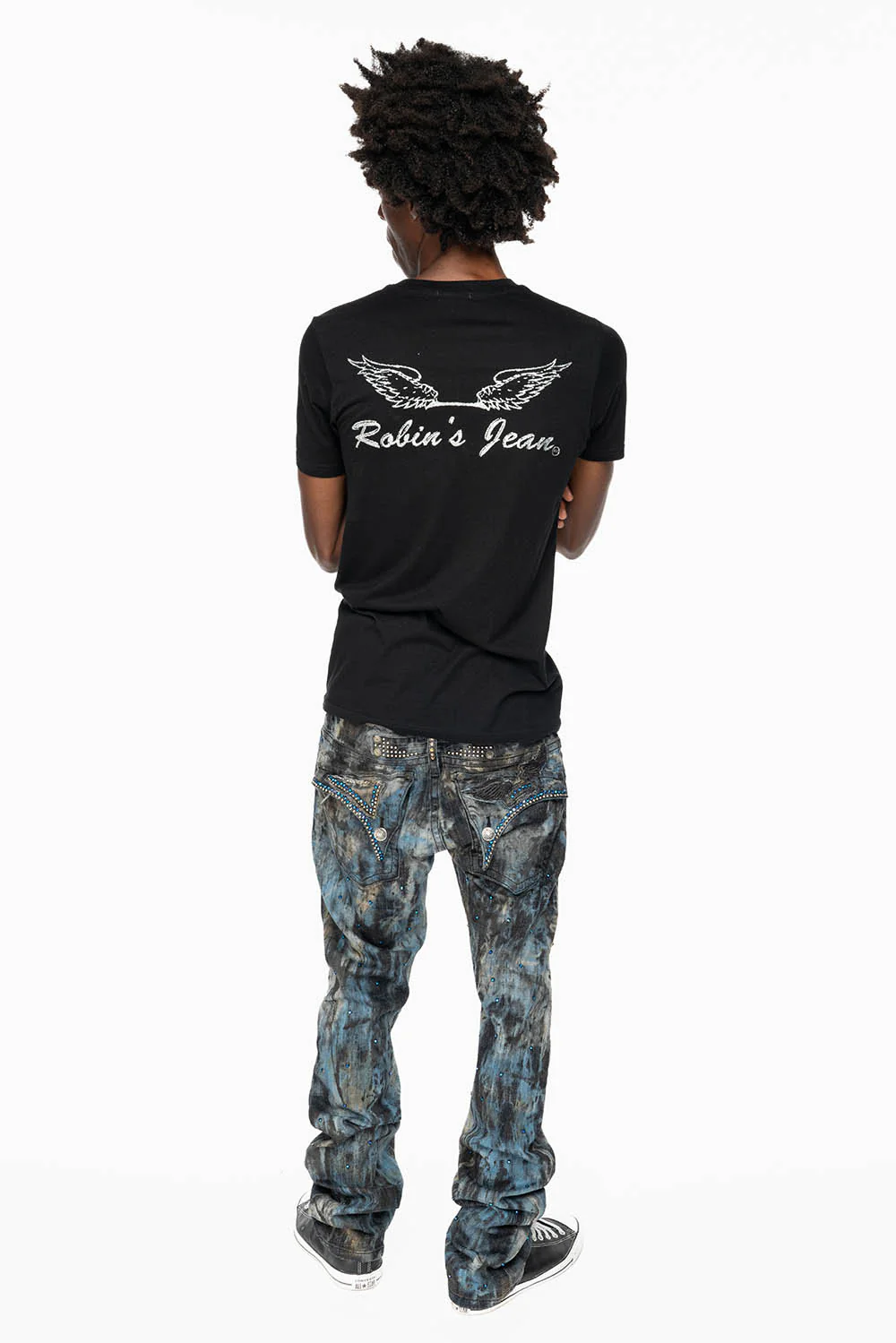 MENS LONG FLAP BOOT CUT JEANS IN BABA BLUE WASH WITH CRYSTALS AND STUDS - Image 6