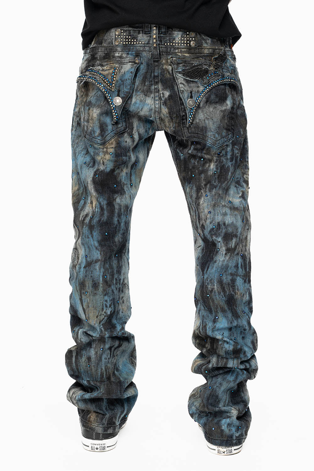 MENS LONG FLAP BOOT CUT JEANS IN BABA BLUE WASH WITH CRYSTALS AND STUDS - Image 8
