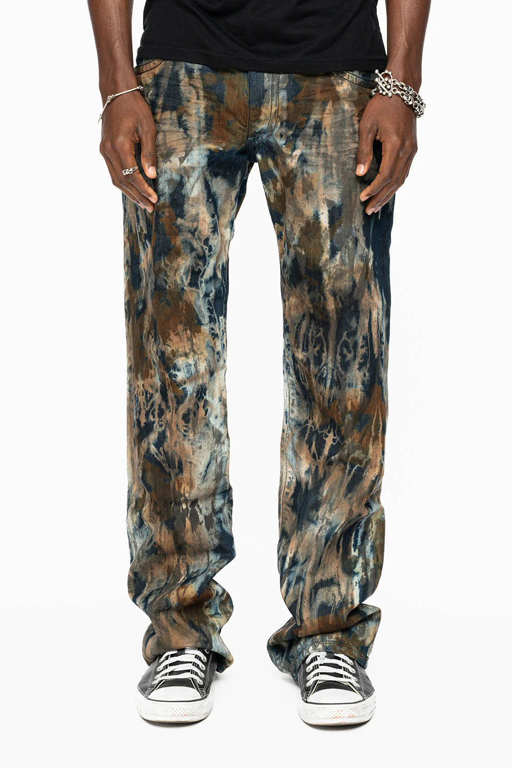 MENS LONG FLAP BOOT CUT JEANS IN BABA BROWN WASH WITH CRYSTALS AND STUDS - Image 3