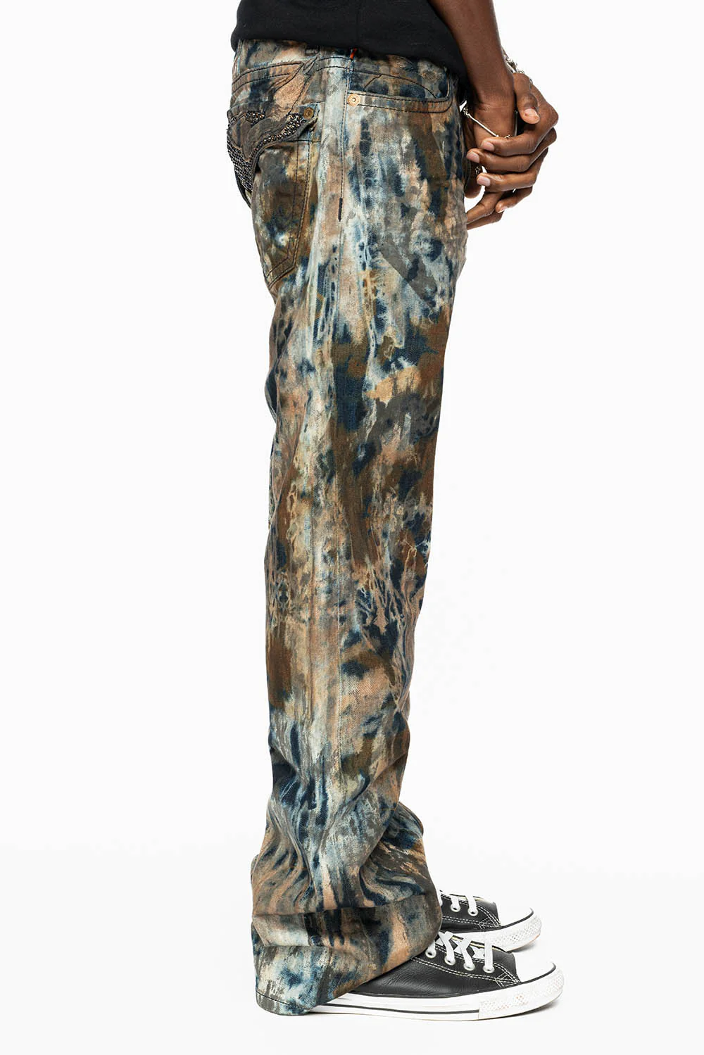 MENS LONG FLAP BOOT CUT JEANS IN BABA BROWN WASH WITH CRYSTALS AND STUDS - Image 4