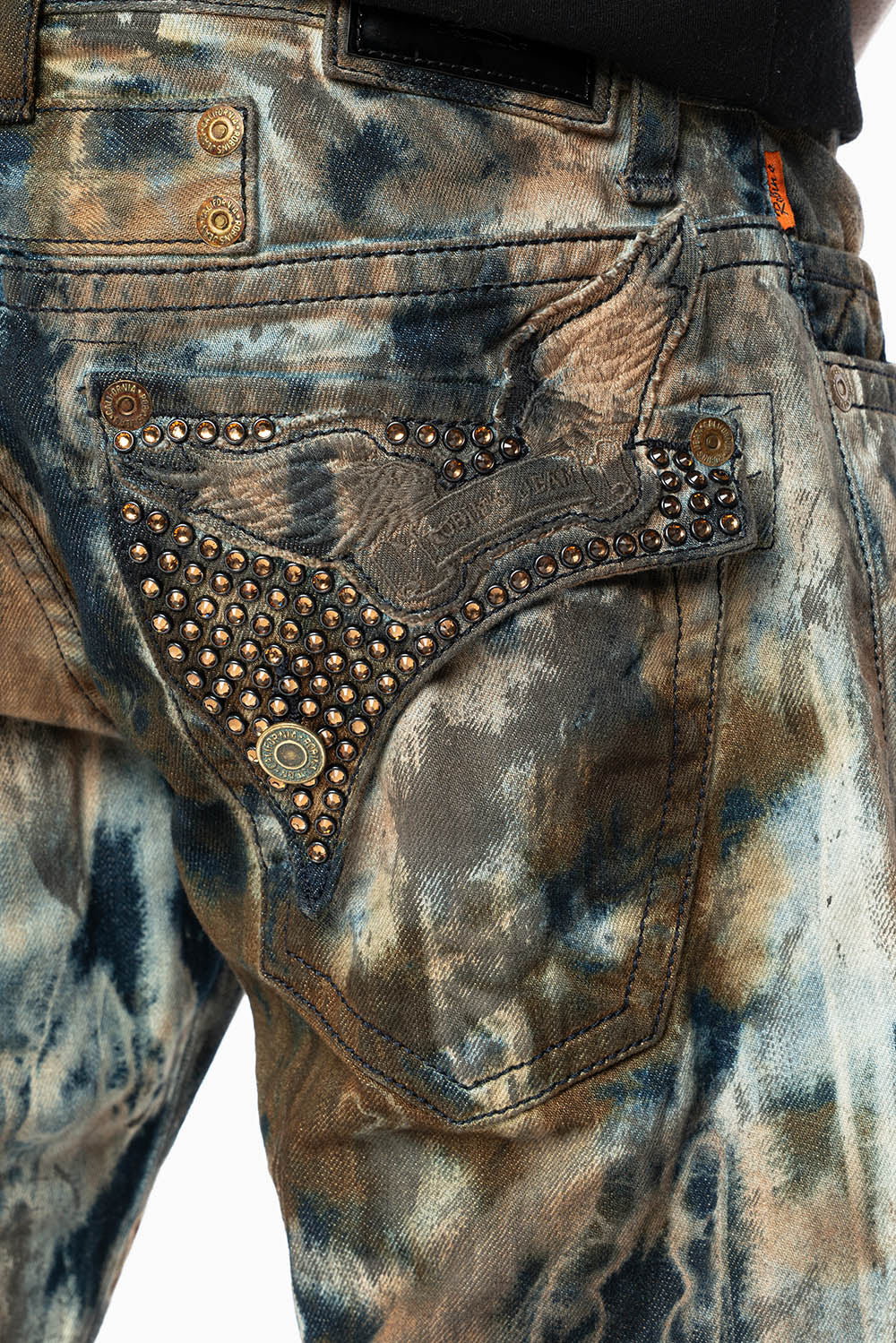 MENS LONG FLAP BOOT CUT JEANS IN BABA BROWN WASH WITH CRYSTALS AND STUDS - Image 5