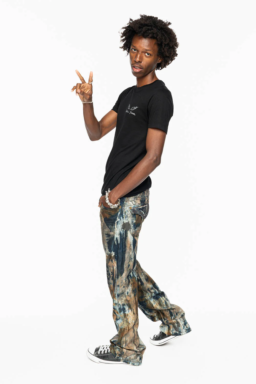 MENS LONG FLAP BOOT CUT JEANS IN BABA BROWN WASH WITH CRYSTALS AND STUDS - Image 9