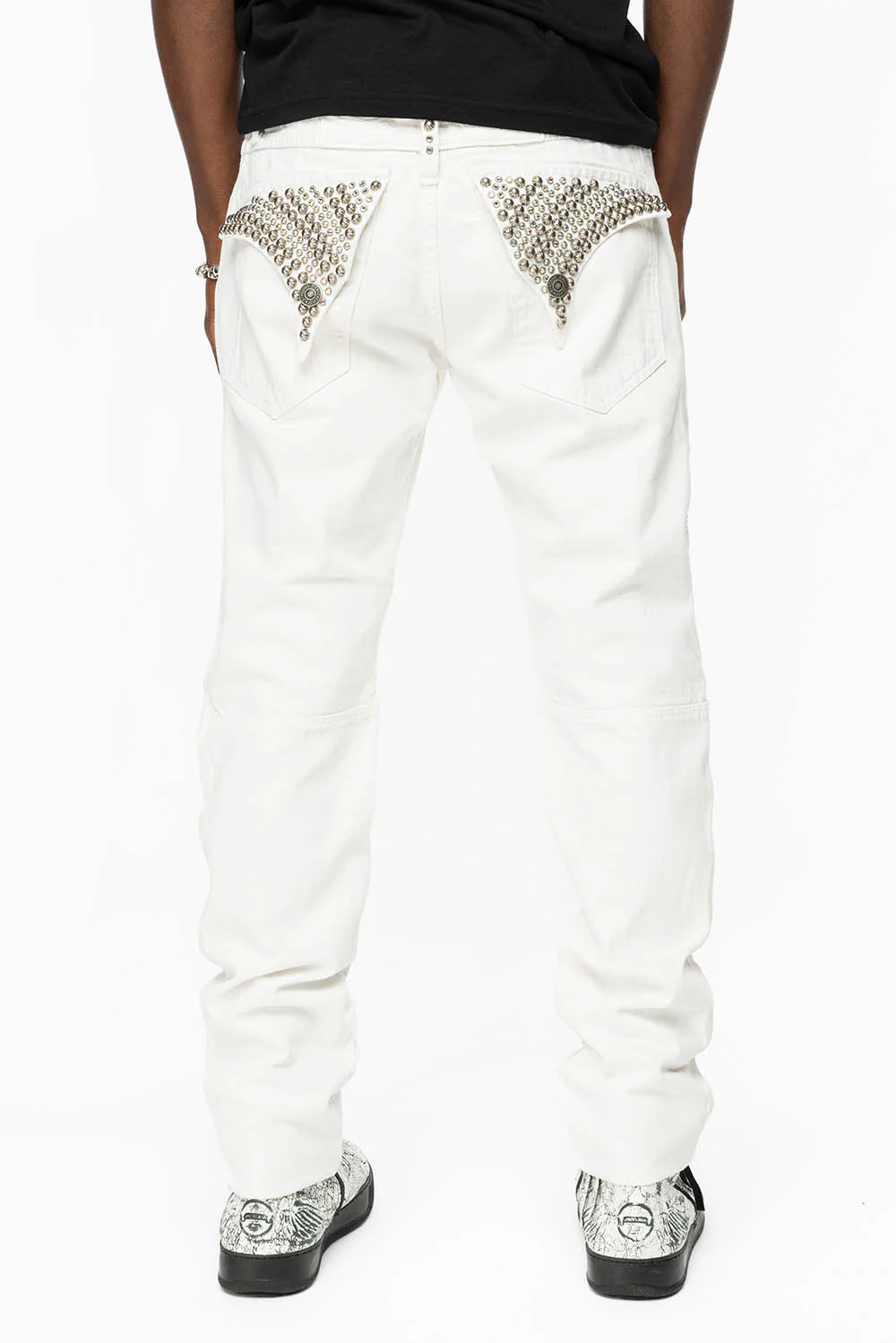 MENS LONG FLAP MOTARD BIKER JEANS IN WHITE WITH STUDS AND CRYSTALS - Image 3