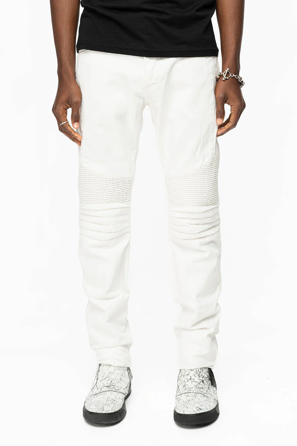 MENS LONG FLAP MOTARD BIKER JEANS IN WHITE WITH STUDS AND CRYSTALS - Image 4