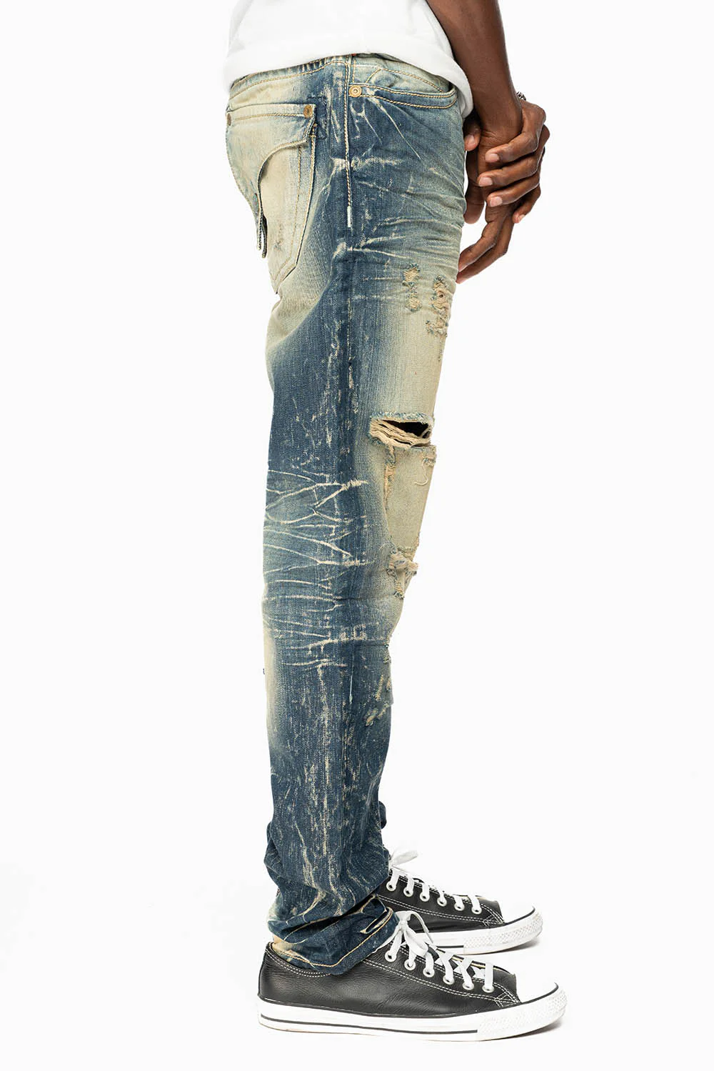 MENS LONG FLAP SLIM JEANS IN 5D DARK BROKEN WASH WITH HAND PAINTED GRAPHIC - Image 3
