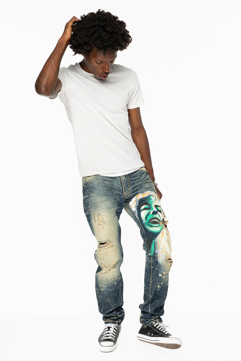 MENS LONG FLAP SLIM JEANS IN 5D DARK BROKEN WASH WITH HAND PAINTED GRAPHIC - Image 6