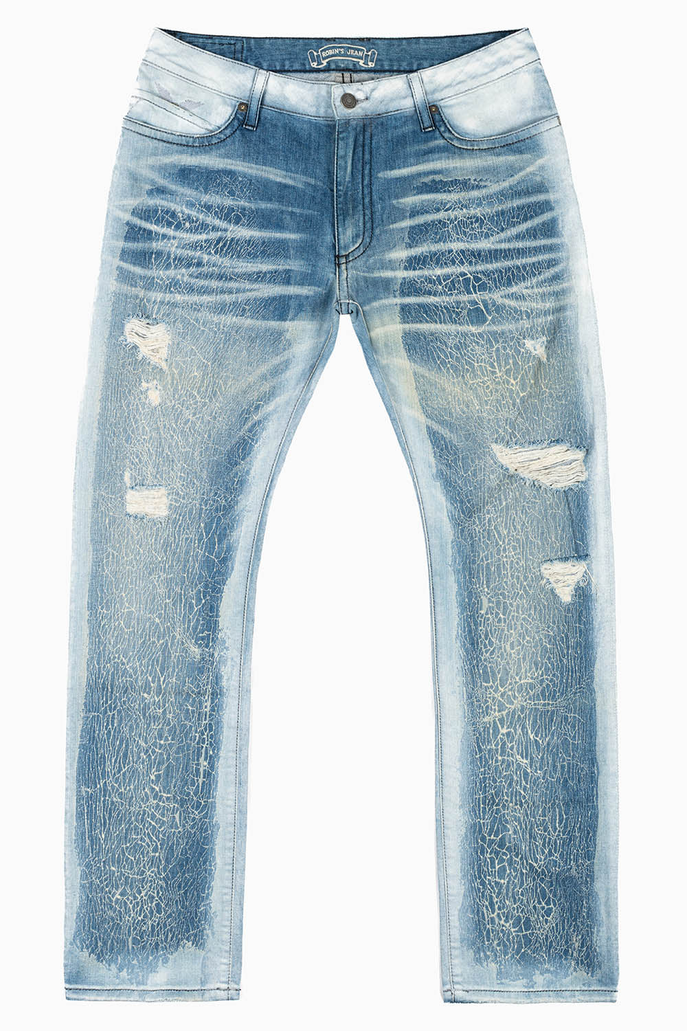 MENS LONG FLAP SLIM JEANS IN BLUE MARTIN  WASH EMBELLISHED WITH STUDS & CRYSTALS - Image 2