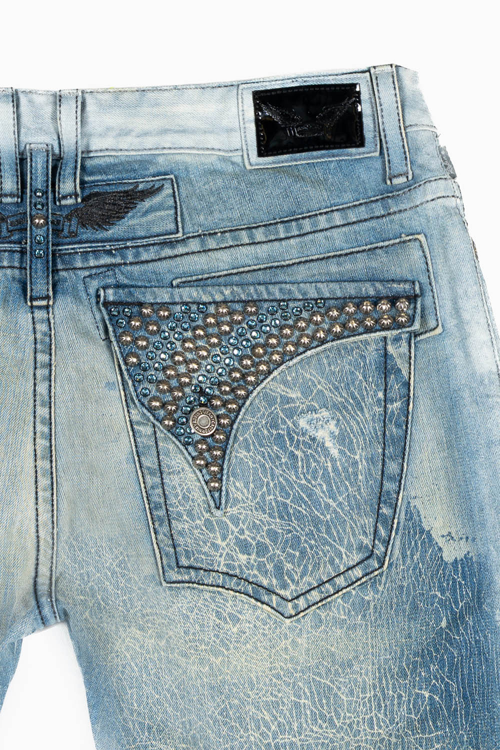MENS LONG FLAP SLIM JEANS IN BLUE MARTIN  WASH EMBELLISHED WITH STUDS & CRYSTALS - Image 3
