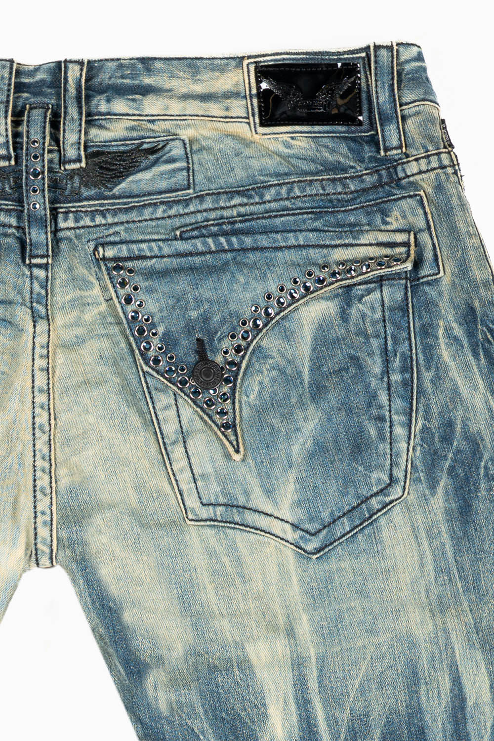 MENS LONG FLAP SLIM JEANS IN BLUE NIKO WASH EMBELLISHED WITH  MONTANA CRYSTALS - Image 3