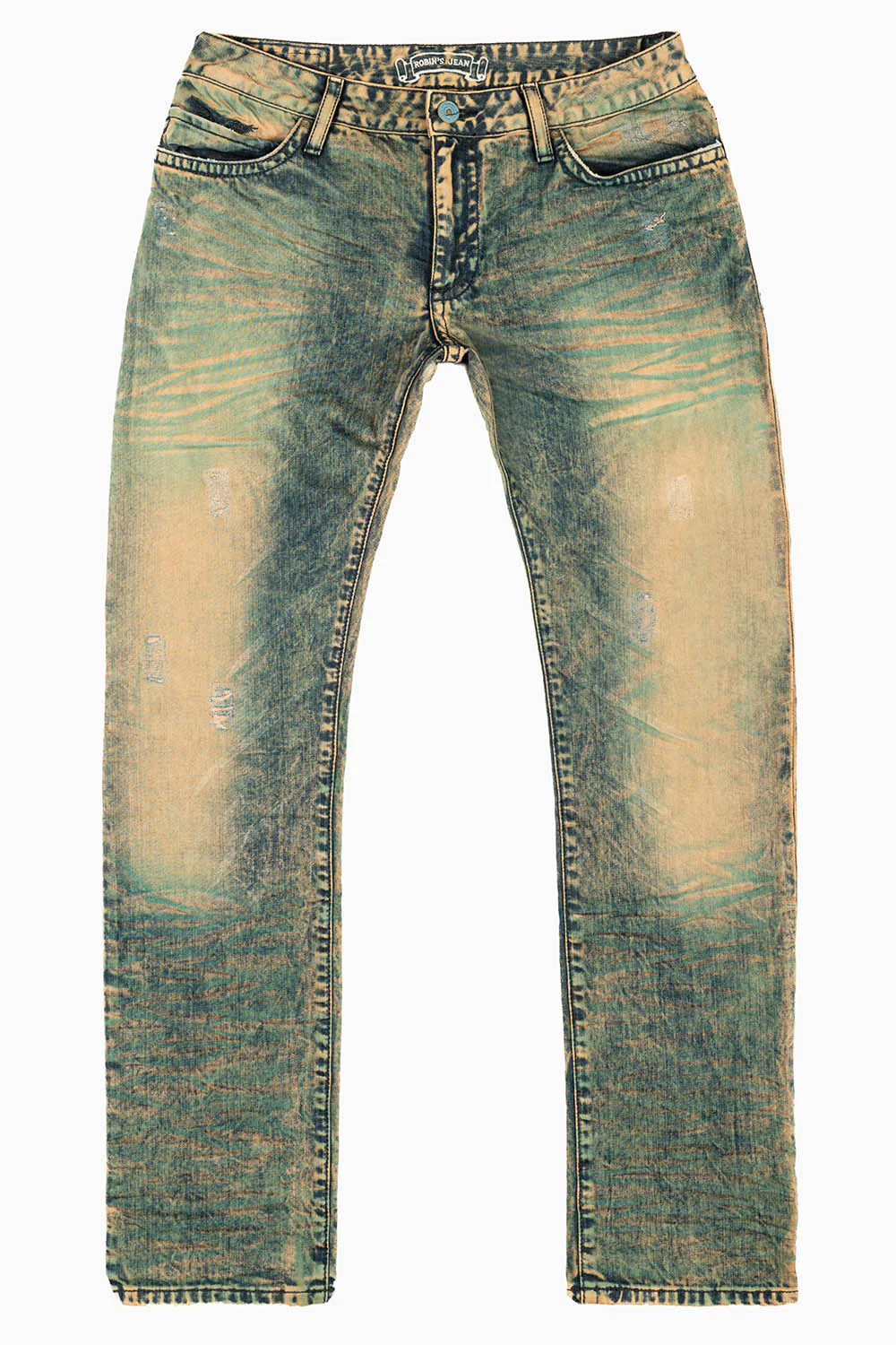 MENS LONG FLAP SLIM JEANS IN K WASH TURQUOISE WASH EMBELLISHED WITH  STUDS & CRYSTALS - Image 2